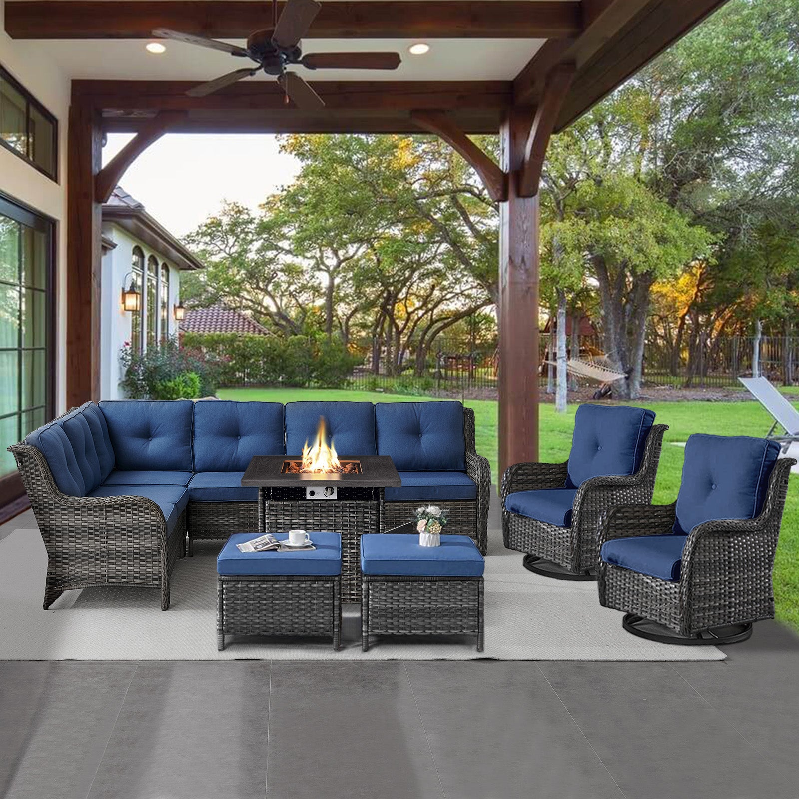 POCASSY 7PCS Outdoor Furniture Set with 30" Propane Fire Pit Table, Outdoor Conversation Set with All Weather Brown Wicker Sectional Sofa and Swivel Chair for Balcony, Porch, Garden