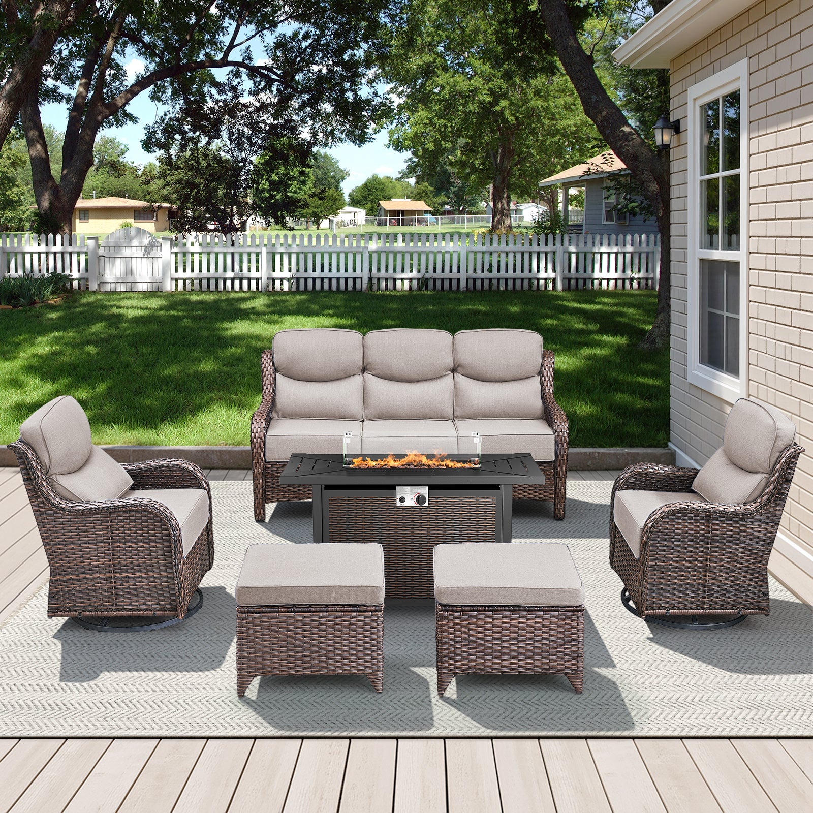 POCASSY All Weather Wicker Patio Furniture Set 6 Pieces, 6-INCH Extra Thick Cushion Outdoor Patio Firepit Set with Patio Sofa, Swivel Glider Chair, Ottoman, 43" Fire Pit Table