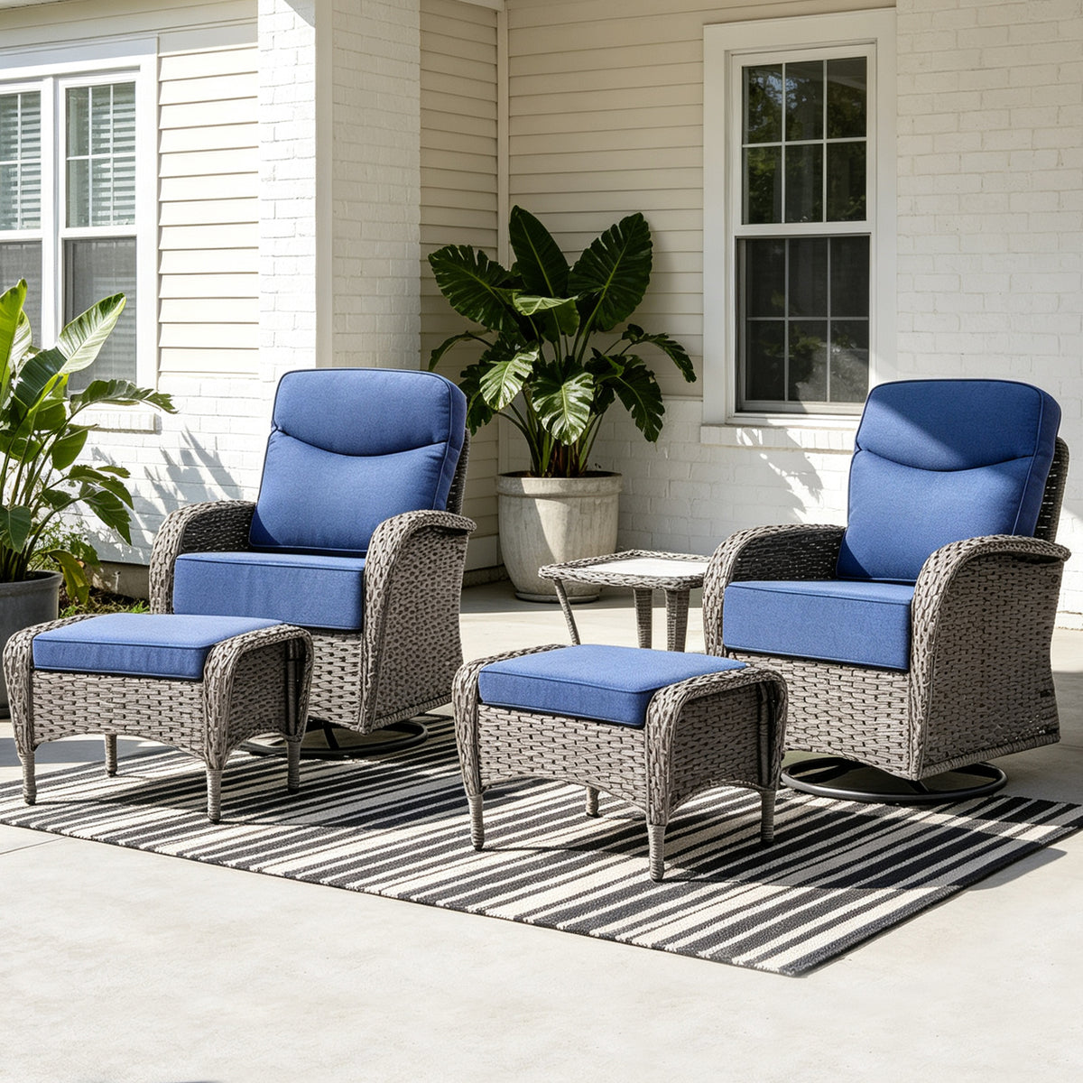 POCASSY 5 Pieces Outdoor Patio Furniture Set with Swivel Glider Patio Chairs Set of 2, Gray Wicker High Back Outdoor Conversation Set with Swivel Patio Chair, Ottoman, and Side Table