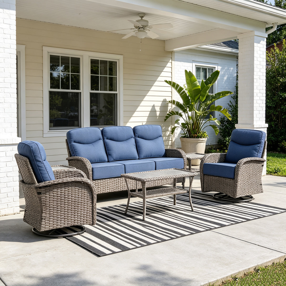 POCASSY 5 Pieces Patio Furniture Set with 6-inch Thick Cushion, Gray Wicker High Back Outdoor Couch and Swivel Glider Patio Chairs, Sectional Patio Set Ideal for Front Porch Backyard