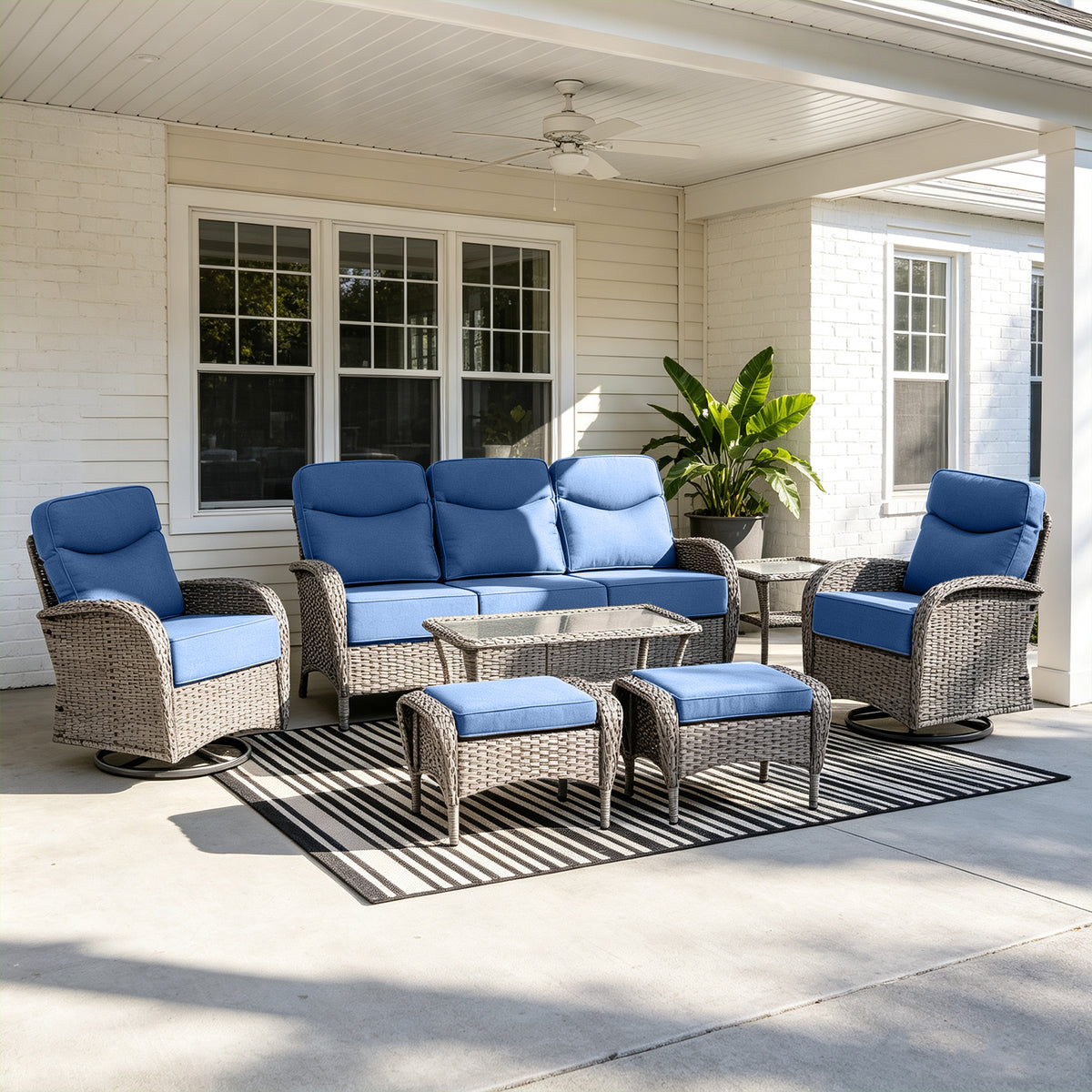 POCASSY 7 Pieces Patio Furniture Set with 6-inch Thick Cushion, Gray Wicker High Back Outdoor Couch and Swivel Glider Patio Chairs, Sectional Patio Set Ideal for Front Porch Backyard