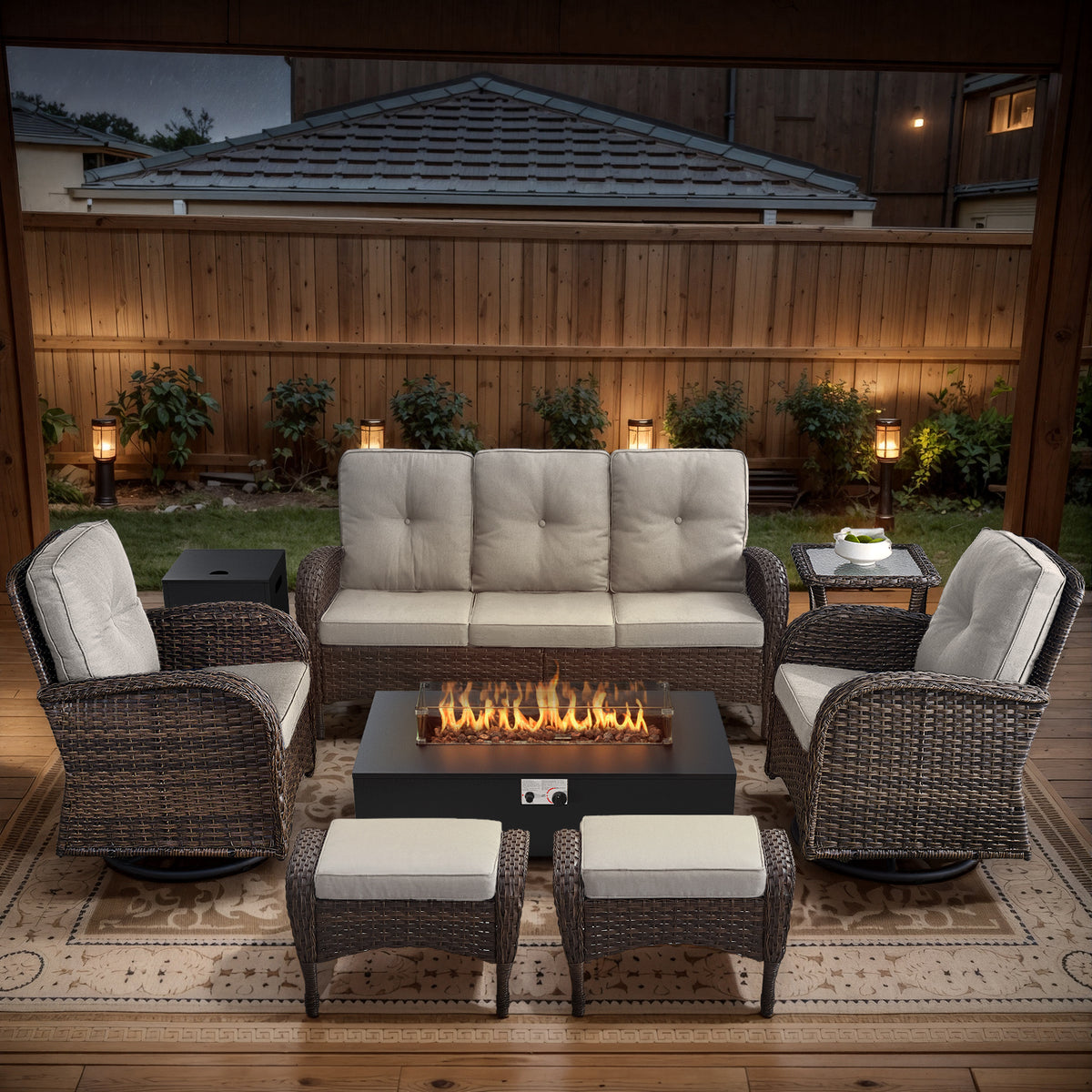 POCASSY 7-Piece Outdoor Patio Furniture Set, Brown Rattan Wicker Modern Patio Furniture Set with 50000 BTU Propane Firepit, Patio Couch, Outdoor Swivel Chair, Side Table, and Ottoman