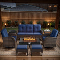 POCASSY 7-Piece Outdoor Patio Furniture Set, Brown Rattan Wicker Modern Patio Furniture Set with 50000 BTU Propane Firepit, Patio Couch, Outdoor Swivel Chair, Side Table, and Ottoman
