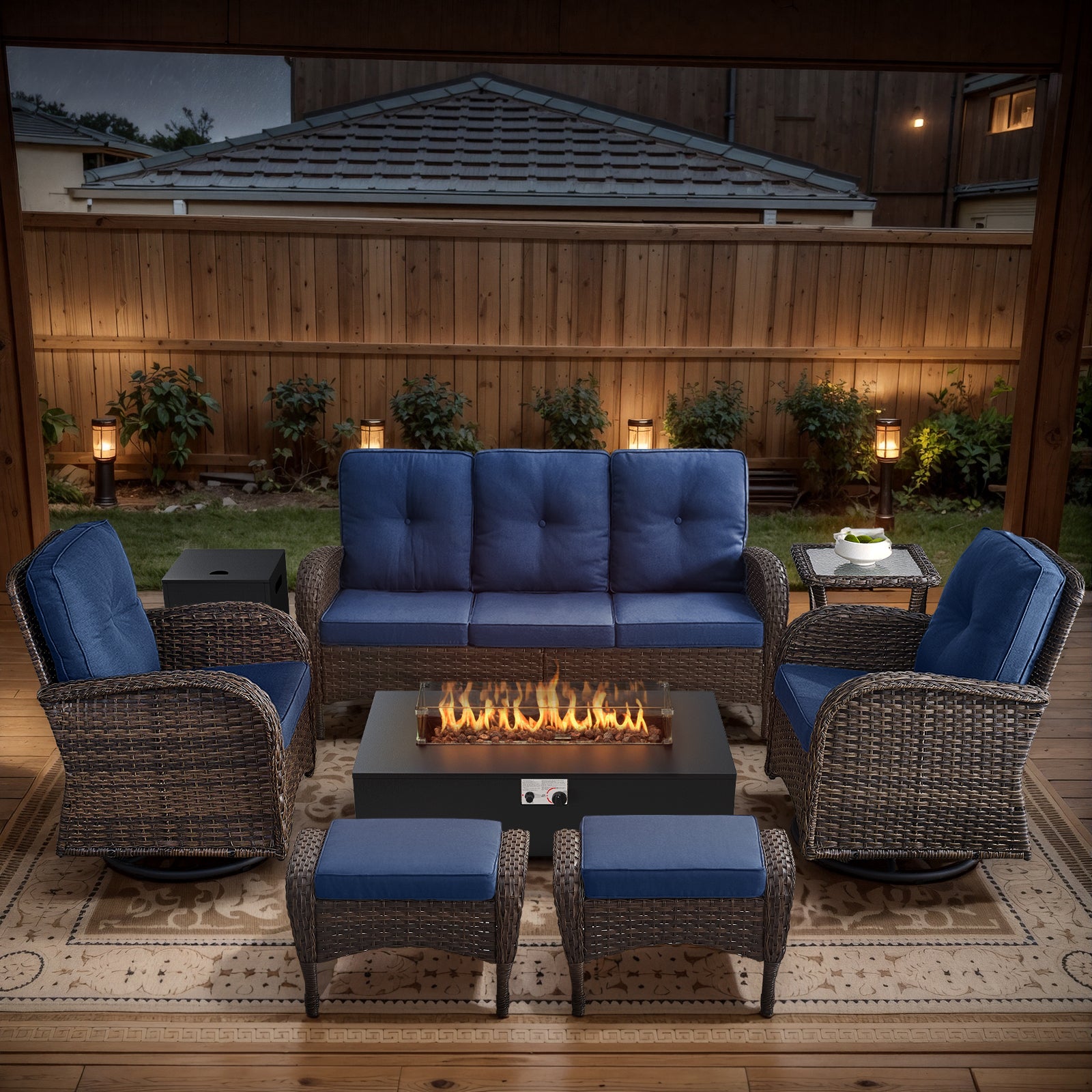 POCASSY 7-Piece Outdoor Patio Furniture Set, Brown Rattan Wicker Modern Patio Furniture Set with 50000 BTU Propane Firepit, Patio Couch, Outdoor Swivel Chair, Side Table, and Ottoman