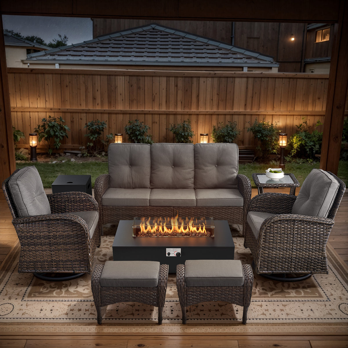 POCASSY 7-Piece Outdoor Patio Furniture Set, Brown Rattan Wicker Modern Patio Furniture Set with 50000 BTU Propane Firepit, Patio Couch, Outdoor Swivel Chair, Side Table, and Ottoman