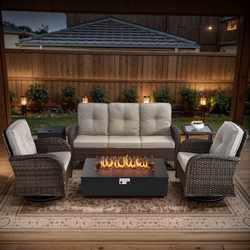 POCASSY 5PCS Outdoor Patio Furniture Set with Fire Pit Table, Brown Wicker Patio Furniture Couch Outdoor Swivel Chair and 43" Propane Firepit Table