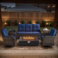 POCASSY 5PCS Outdoor Patio Furniture Set with Fire Pit Table, Brown Wicker Patio Furniture Couch Outdoor Swivel Chair and 43" Propane Firepit Table