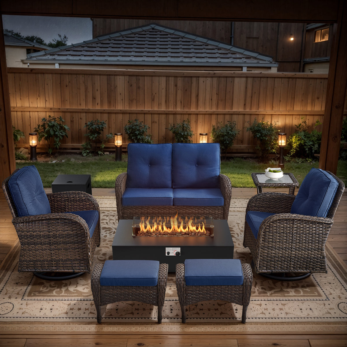 POCASSY Patio Furniture Sets with Fire Pit, Brown Wicker Patio Furniture with Glider Loveseat, Patio Swivel Glider Chair, Propane Firepit Table, 7-Piece Outdoor Conversation Set for Deck