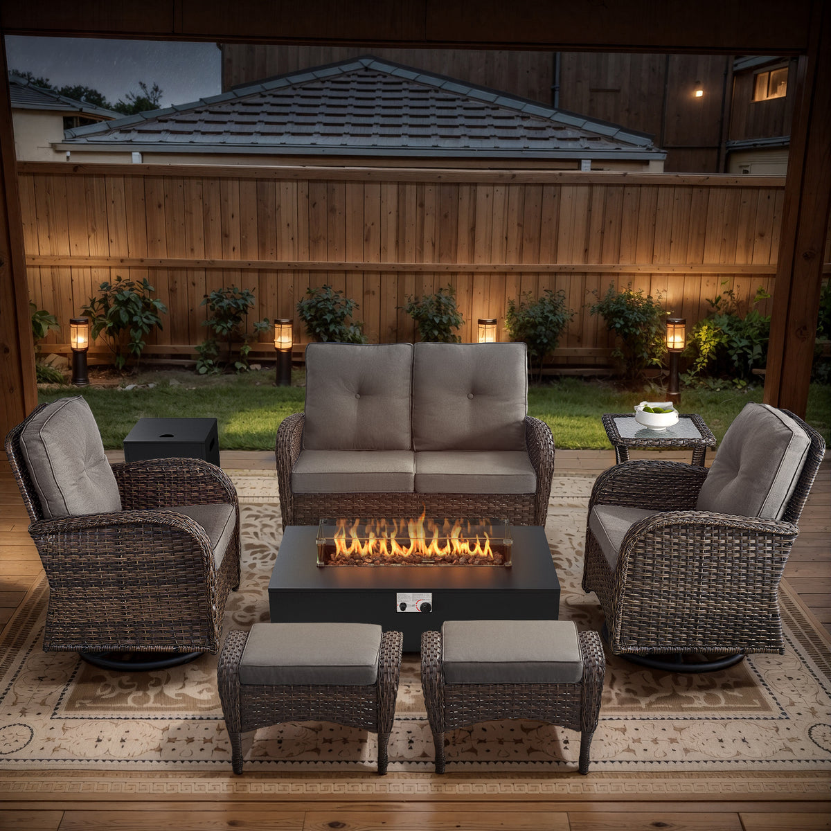 POCASSY Patio Furniture Sets with Fire Pit, Brown Wicker Patio Furniture with Glider Loveseat, Patio Swivel Glider Chair, Propane Firepit Table, 7-Piece Outdoor Conversation Set for Deck