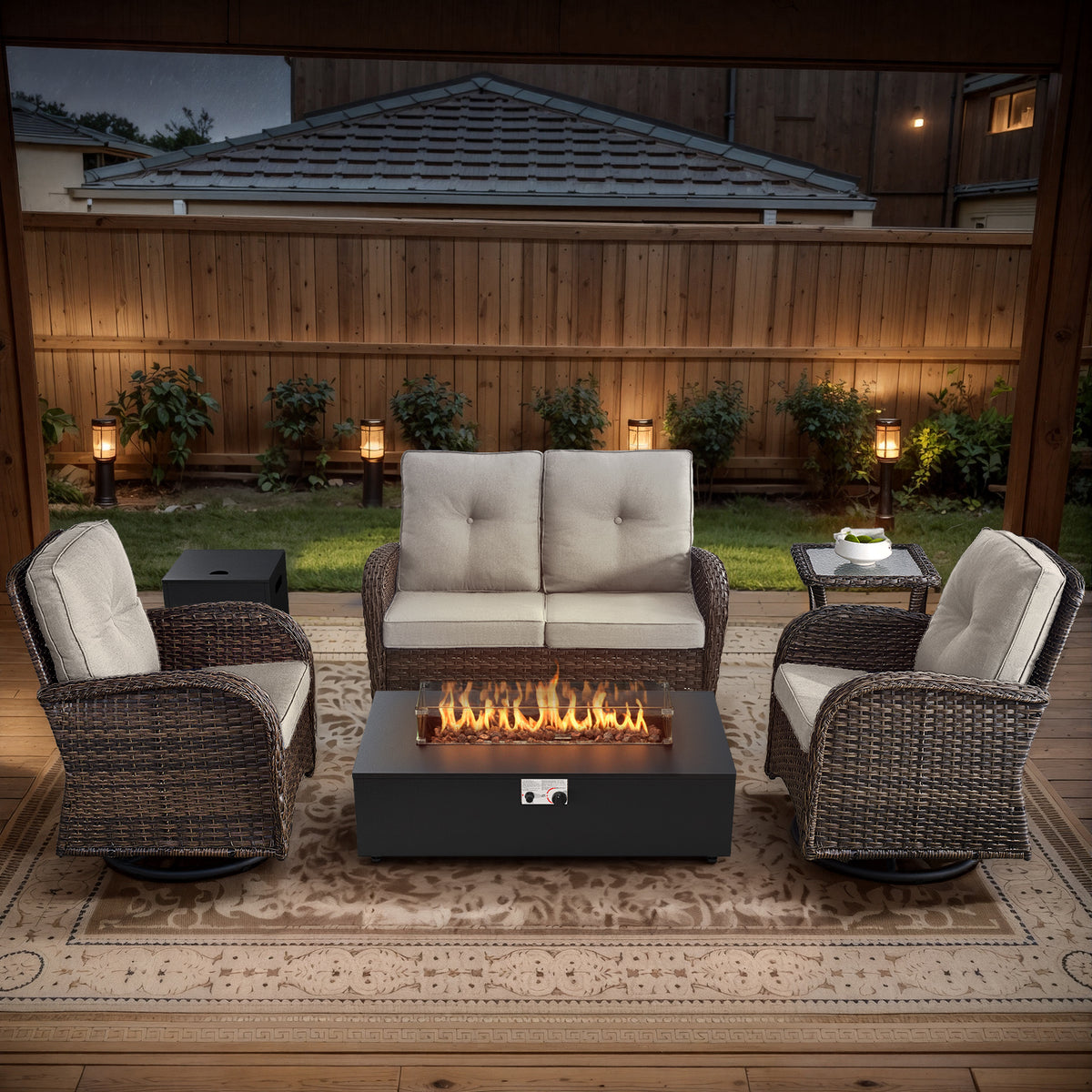 POCASSY Patio Furniture Sets with Fire Pit, Brown Wicker Patio Furniture with Glider Loveseat, Patio Swivel Glider Chair, Propane Firepit Table, 5-Piece Outdoor Conversation Set for Deck