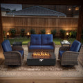 POCASSY Patio Furniture Sets with Fire Pit, Brown Wicker Patio Furniture with Glider Loveseat, Patio Swivel Glider Chair, Propane Firepit Table, 5-Piece Outdoor Conversation Set for Deck