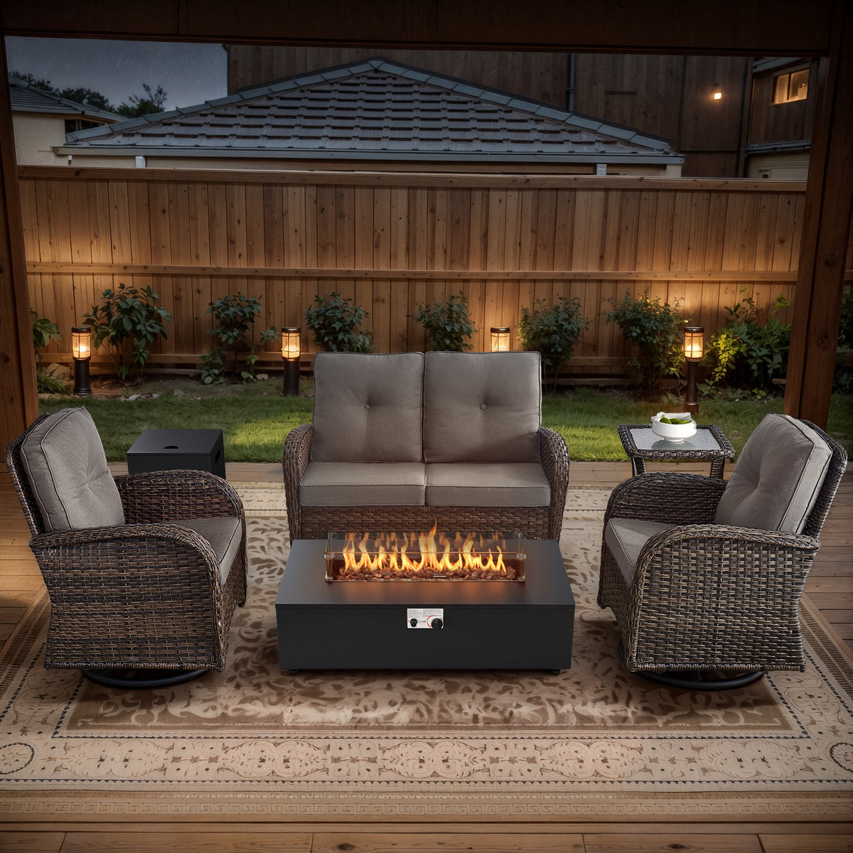 POCASSY Patio Furniture Sets with Fire Pit, Brown Wicker Patio Furniture with Glider Loveseat, Patio Swivel Glider Chair, Propane Firepit Table, 5-Piece Outdoor Conversation Set for Deck
