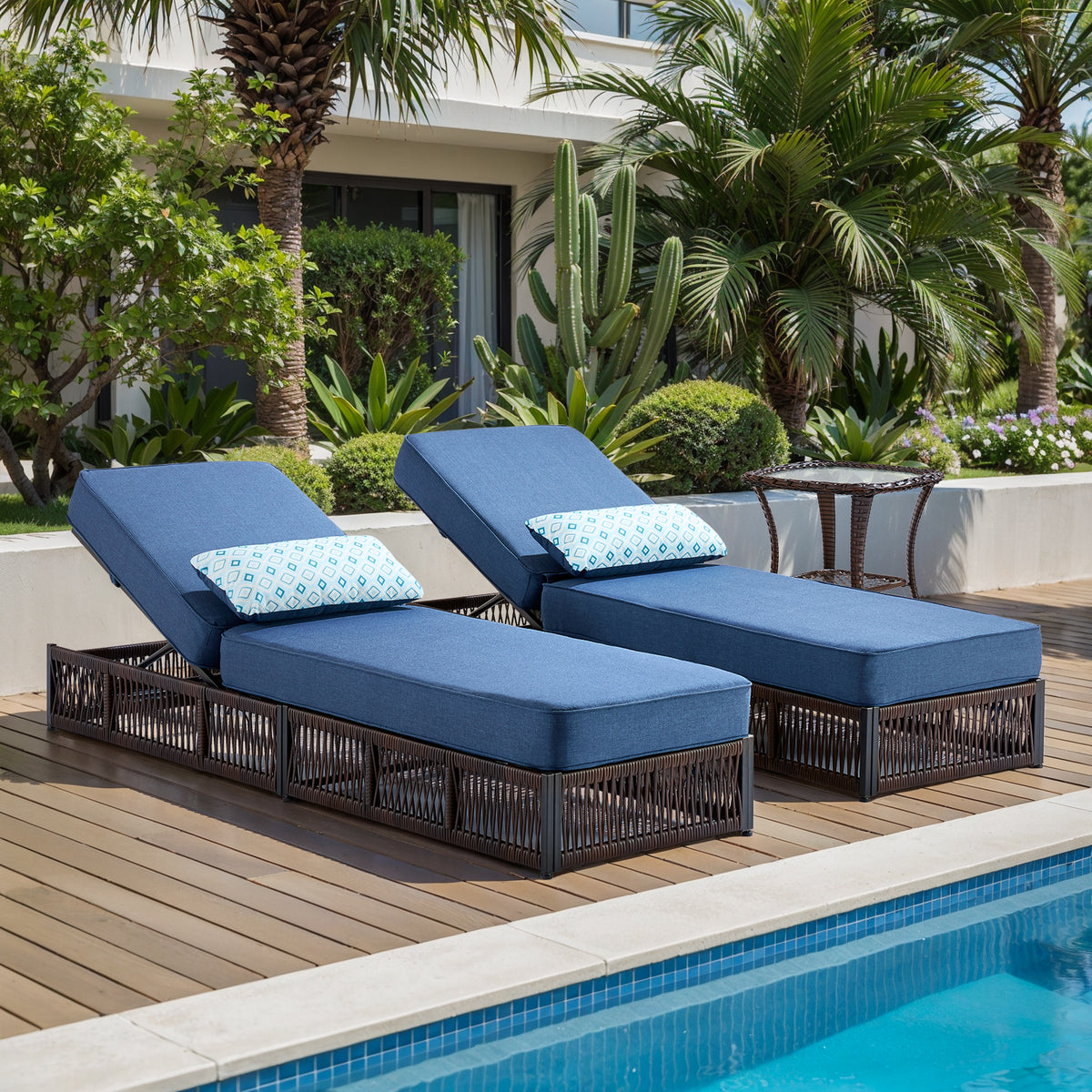 POCASSY Outdoor Patio Chaise Lounge Chair Set of 2, Adjustable Backrest Patio Recliner Lounge Chairs with 5-inch Thick Cushion, Brown Wicker Patio Recliner Rattan Reclining Chairs for Pool