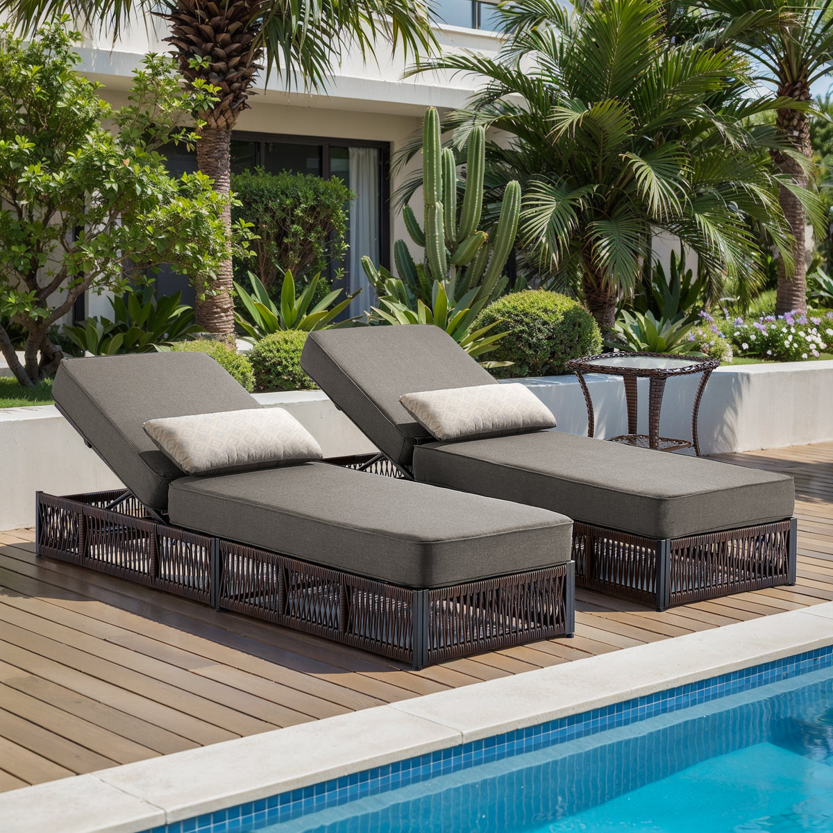 POCASSY Outdoor Patio Chaise Lounge Chair Set of 2, Adjustable Backrest Patio Recliner Lounge Chairs with 5-inch Thick Cushion, Brown Wicker Patio Recliner Rattan Reclining Chairs for Pool