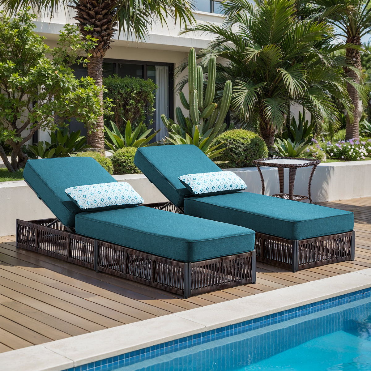 POCASSY Outdoor Patio Chaise Lounge Chair Set of 2, Adjustable Backrest Patio Recliner Lounge Chairs with 5-inch Thick Cushion, Brown Wicker Patio Recliner Rattan Reclining Chairs for Pool