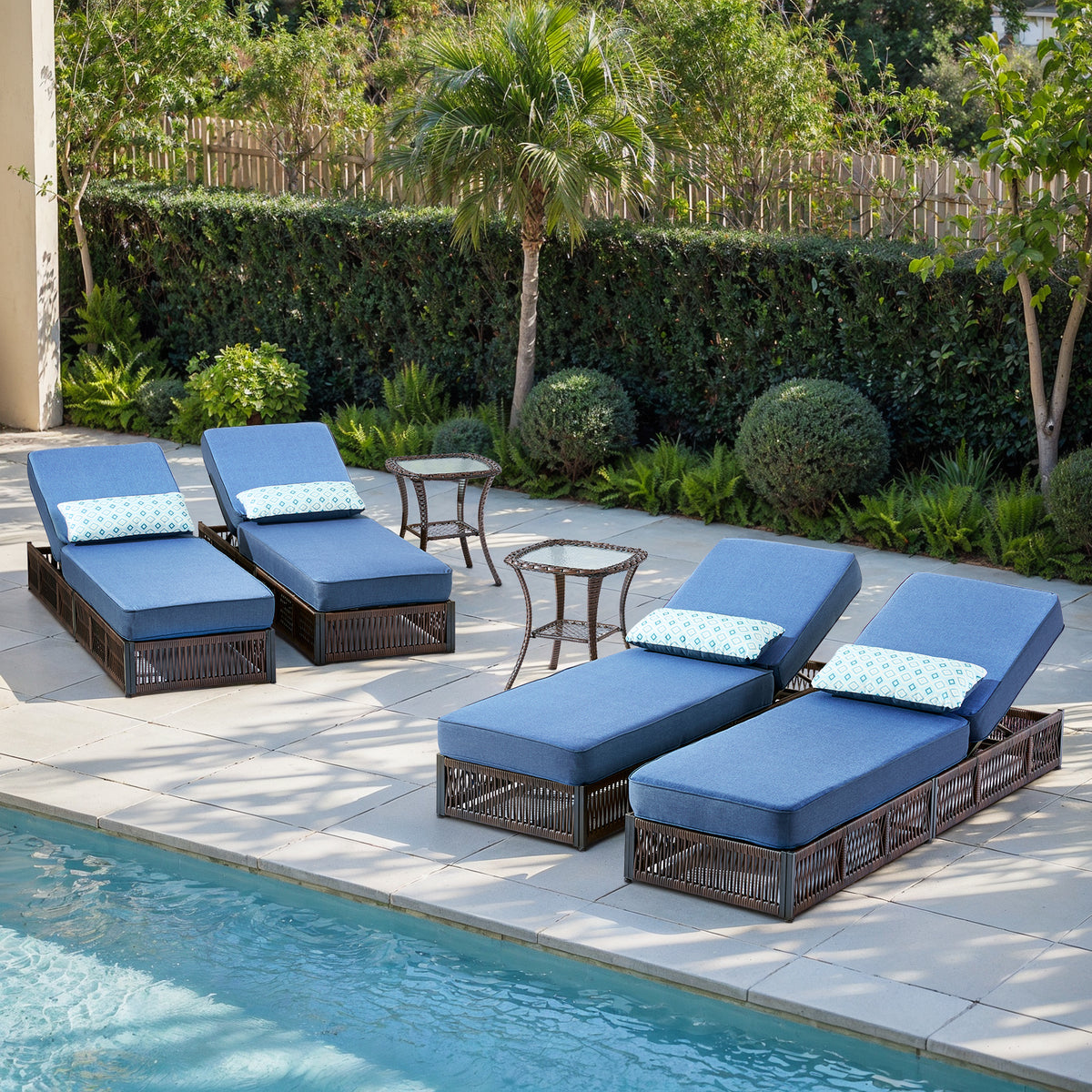 POCASSY Outdoor Patio Chaise Lounge Chair Set of 4, Adjustable Backrest Patio Recliner Lounge Chairs with 5-inch Thick Cushion, Brown Wicker Patio Recliner Rattan Reclining Chairs for Pool