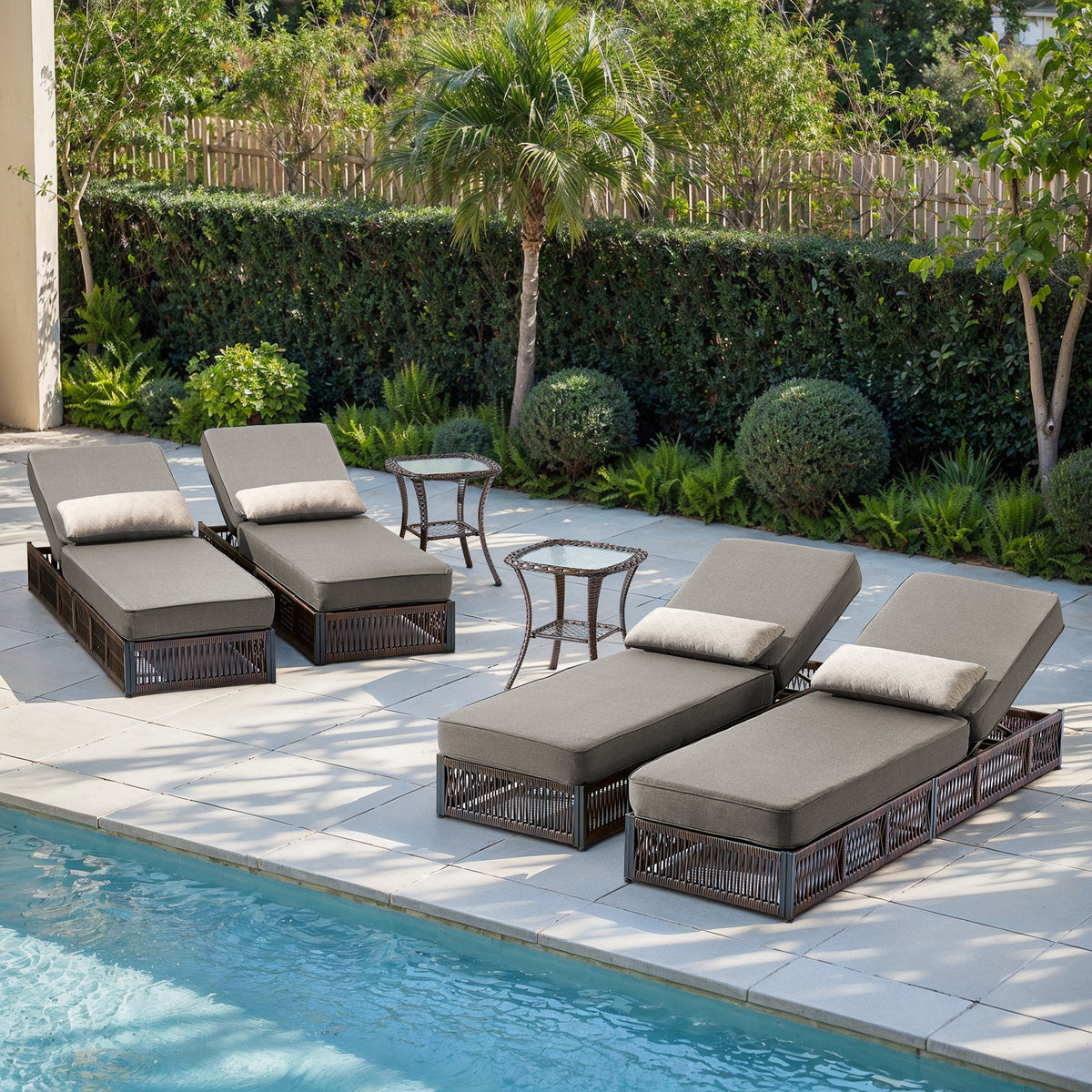 POCASSY Outdoor Patio Chaise Lounge Chair Set of 4, Adjustable Backrest Patio Recliner Lounge Chairs with 5-inch Thick Cushion, Brown Wicker Patio Recliner Rattan Reclining Chairs for Pool