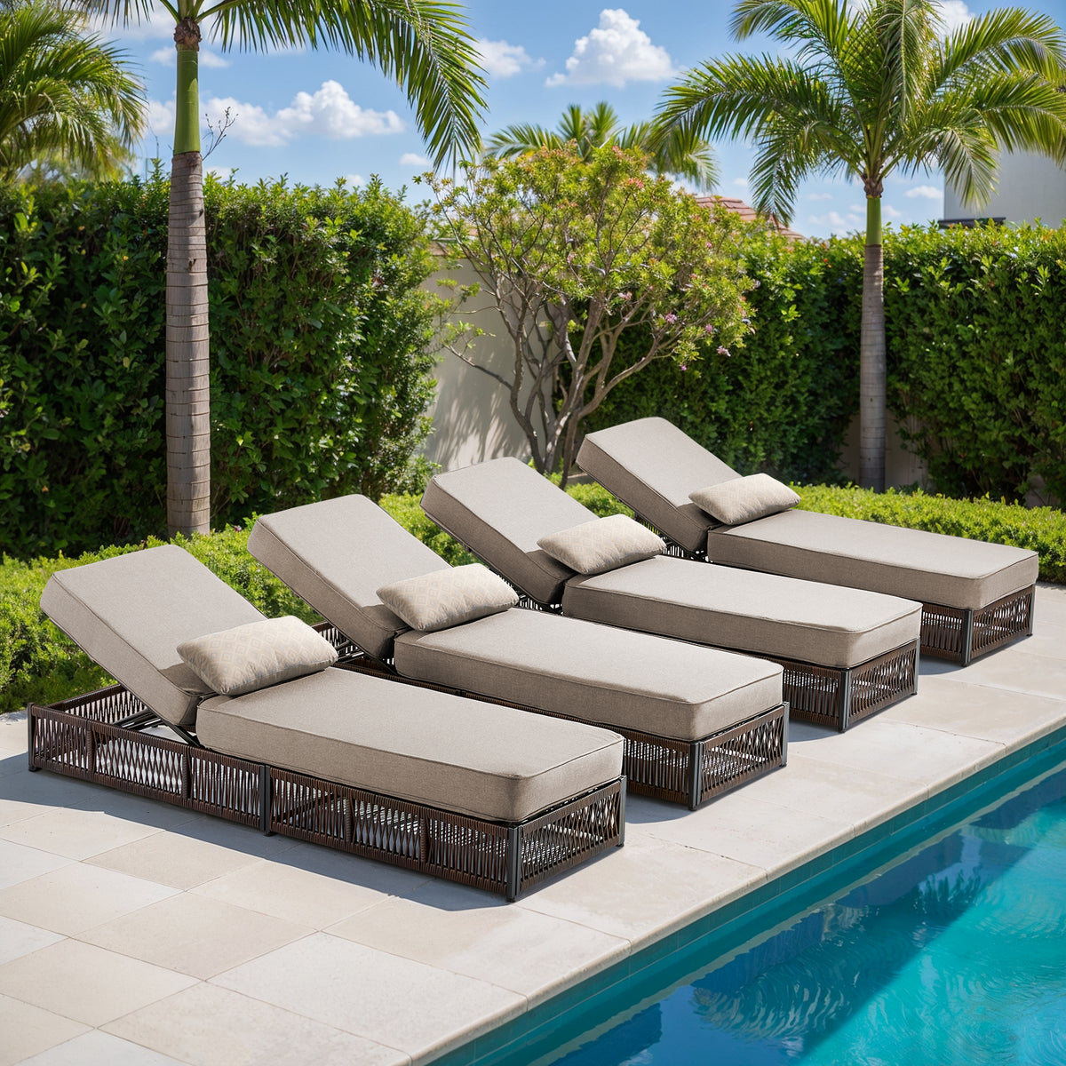 POCASSY Outdoor Patio Chaise Lounge Chair Set of 4, Adjustable Backrest Patio Recliner Lounge Chairs with 5-inch Thick Cushion, Brown Wicker Patio Recliner Rattan Reclining Chairs for Pool