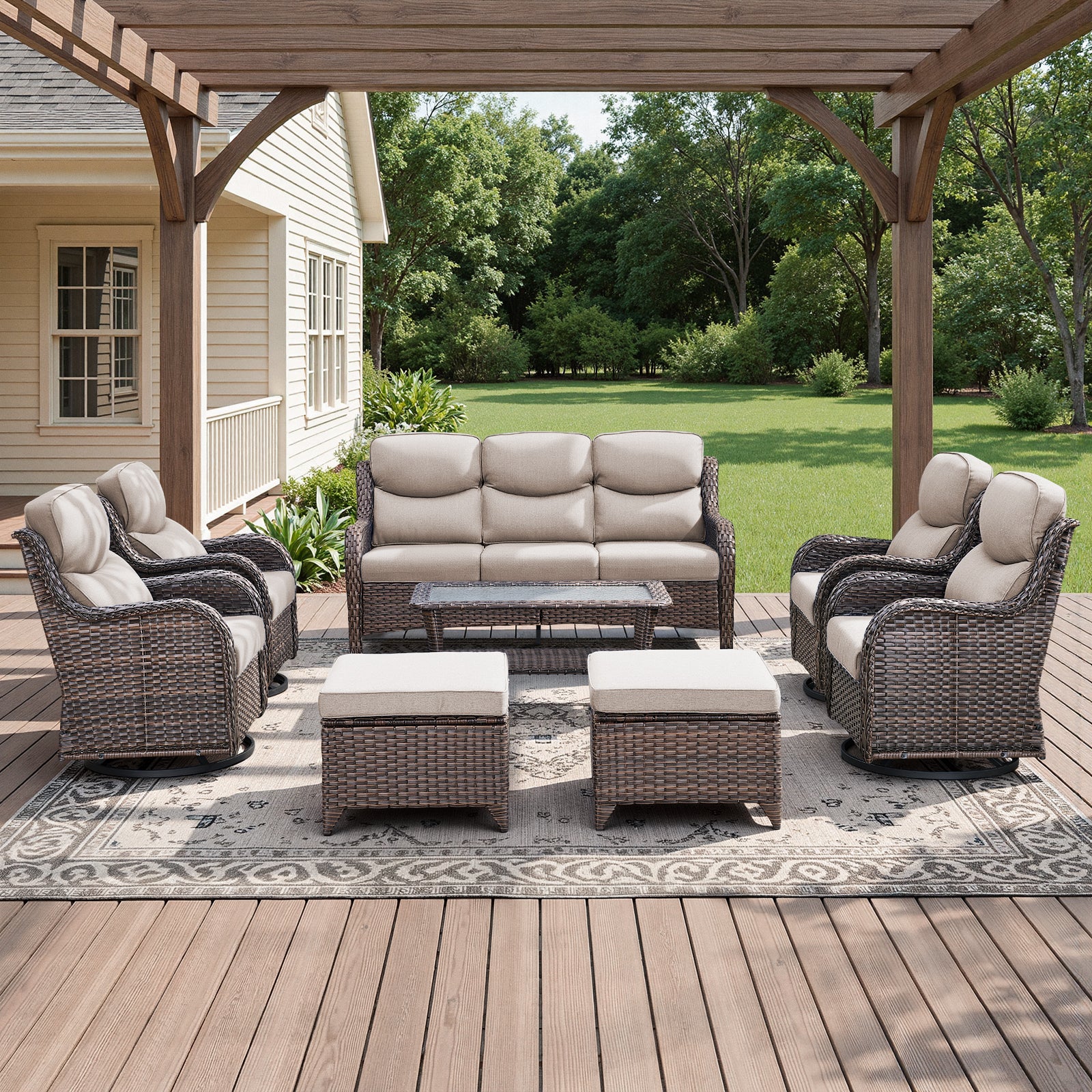 POCASSY 8-Piece Outdoor Patio Furniture Set with Swivel Chairs, Luxury High Back Rattan Wicker Outdoor Conversation Set with 5-inch Thick Seat Cushion Sofa and Swivel Glider Patio Chair for Porch