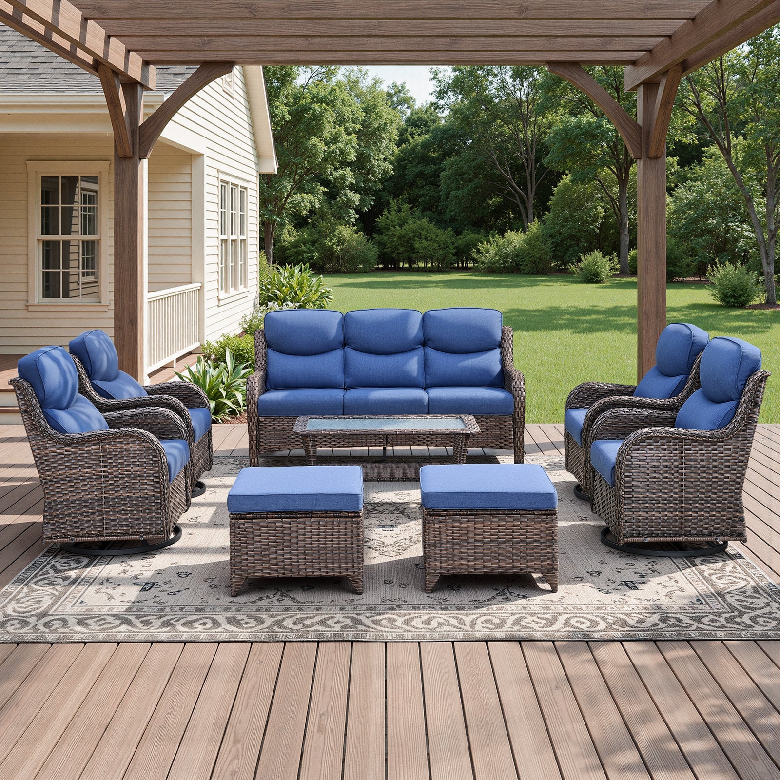 POCASSY 8-Piece Outdoor Patio Furniture Set with Swivel Chairs, Luxury High Back Rattan Wicker Outdoor Conversation Set with 5-inch Thick Seat Cushion Sofa and Swivel Glider Patio Chair for Porch