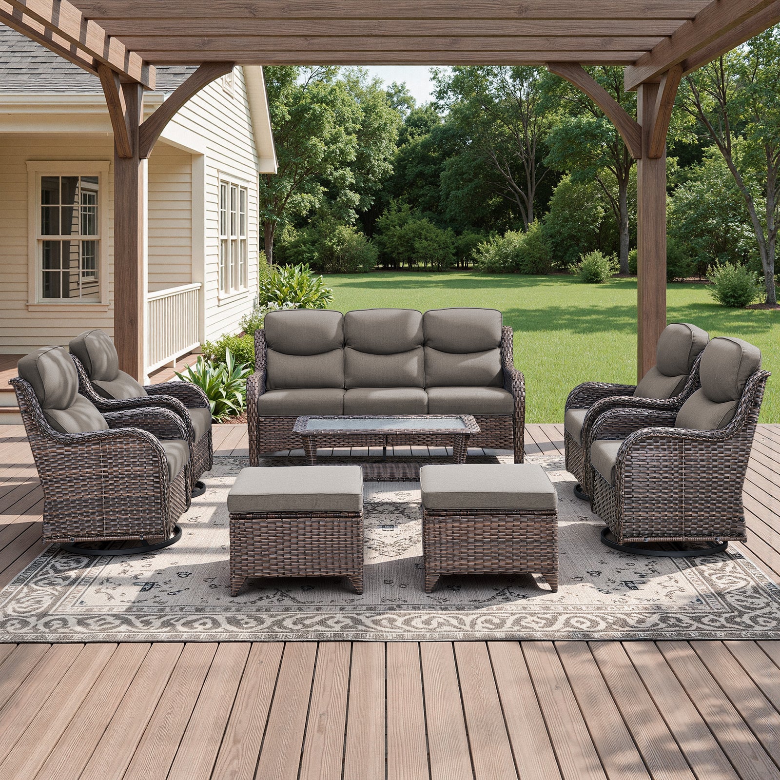 POCASSY 8-Piece Outdoor Patio Furniture Set with Swivel Chairs, Luxury High Back Rattan Wicker Outdoor Conversation Set with 5-inch Thick Seat Cushion Sofa and Swivel Glider Patio Chair for Porch