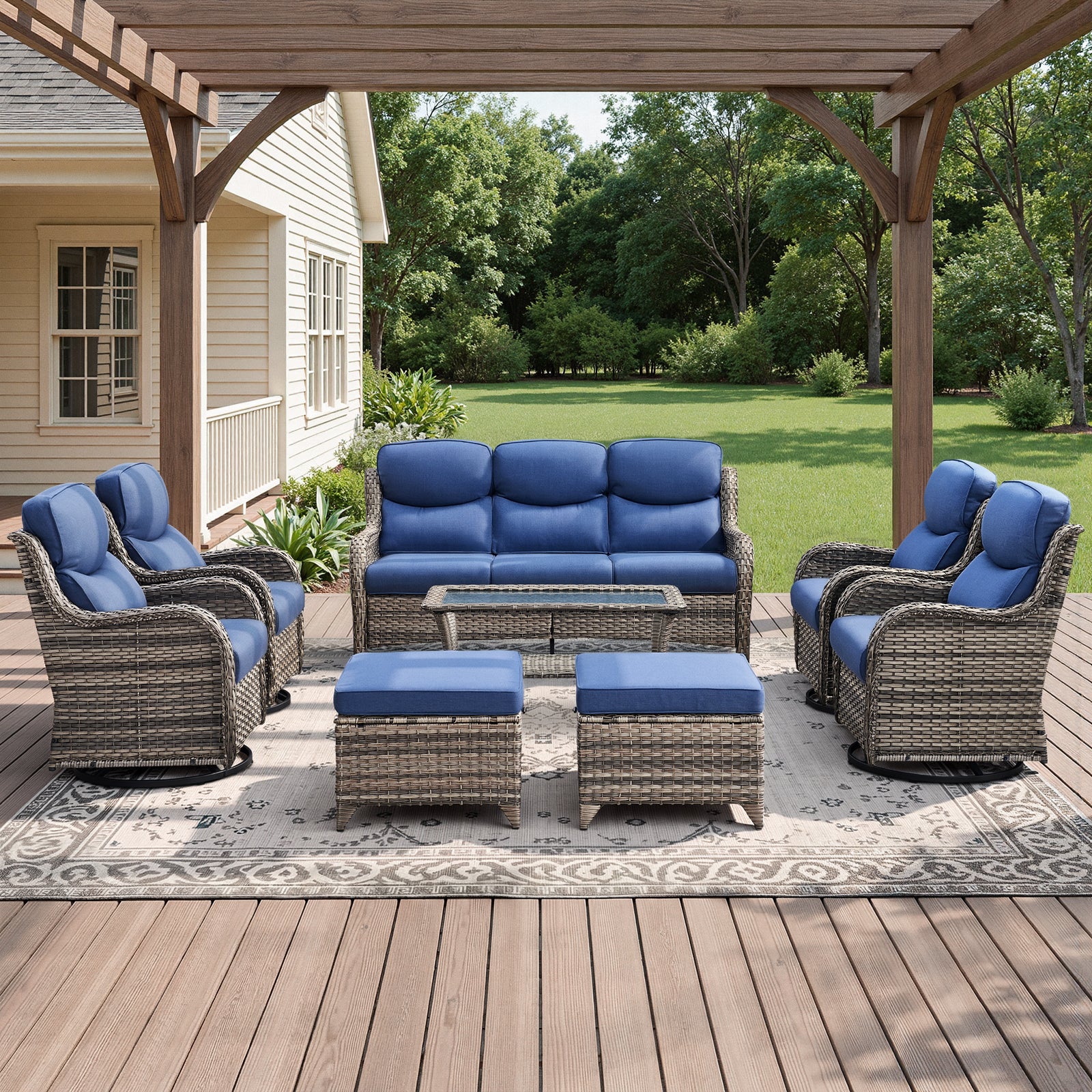 POCASSY 8-Piece Outdoor Patio Furniture Set with Swivel Chairs, Luxury High Back Rattan Wicker Outdoor Conversation Set with 5-inch Thick Seat Cushion Sofa and Swivel Glider Patio Chair for Porch