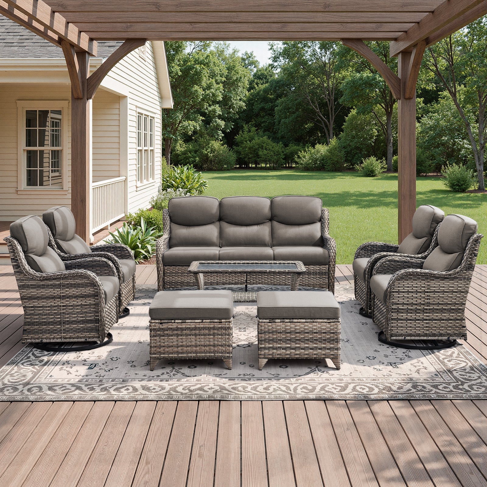 POCASSY 8-Piece Outdoor Patio Furniture Set with Swivel Chairs, Luxury High Back Rattan Wicker Outdoor Conversation Set with 5-inch Thick Seat Cushion Sofa and Swivel Glider Patio Chair for Porch
