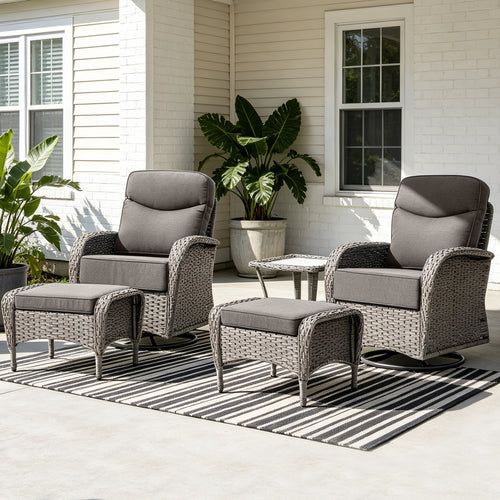 POCASSY 5 Pieces Outdoor Patio Furniture Set with Swivel Glider Patio Chairs Set of 2, Gray Wicker High Back Outdoor Conversation Set with Swivel Patio Chair, Ottoman, and Side Table