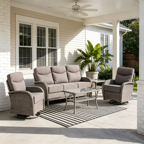 POCASSY 5 Pieces Patio Furniture Set with 6-inch Thick Cushion, Gray Wicker High Back Outdoor Couch and Swivel Glider Patio Chairs, Sectional Patio Set Ideal for Front Porch Backyard