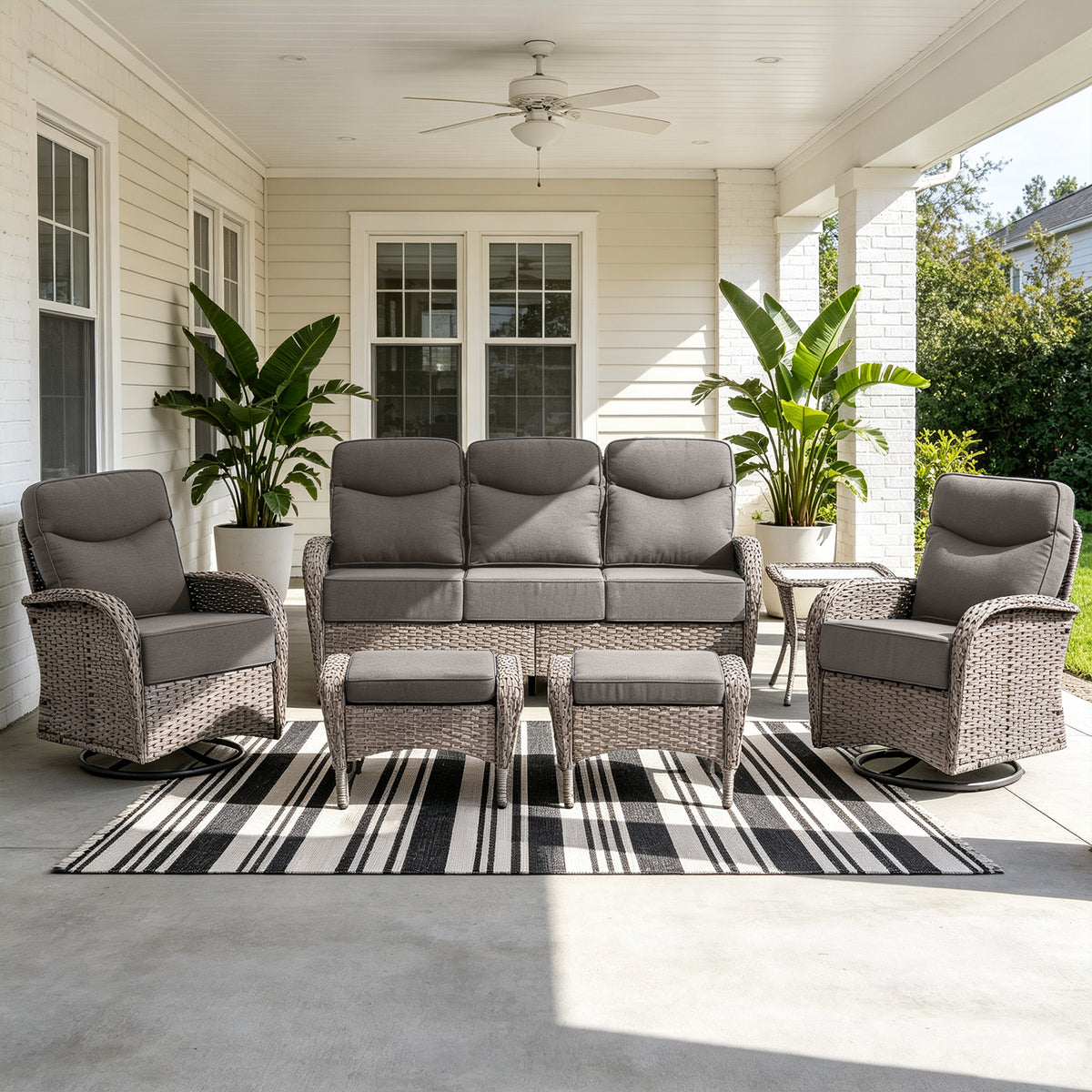 POCASSY 6 Pieces Patio Furniture Set with 6-inch Thick Cushion, Gray Wicker High Back Outdoor Couch and Swivel Glider Patio Chairs, Sectional Patio Set Ideal for Front Porch Backyard