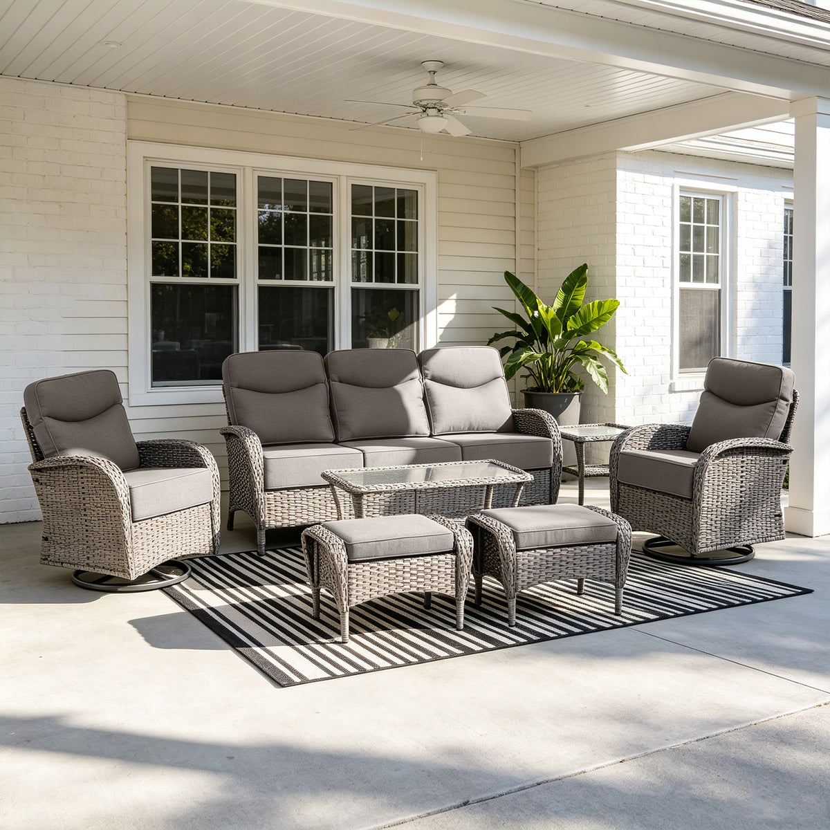 POCASSY 7 Pieces Patio Furniture Set with 6-inch Thick Cushion, Gray Wicker High Back Outdoor Couch and Swivel Glider Patio Chairs, Sectional Patio Set Ideal for Front Porch Backyard