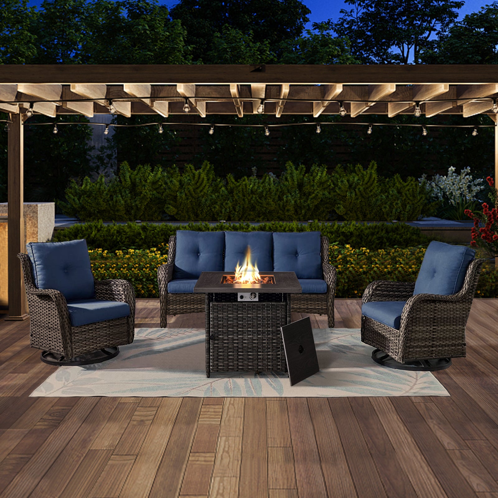 POCASSY 4PCS Patio Furniture Set with Fire Pit Table, Wicker Weather-Resistant Outdoor Conversation Set with Sofa, Swivel Patio Chair and 50000BTU Propane Fire Pit Ideal for Porch Deck