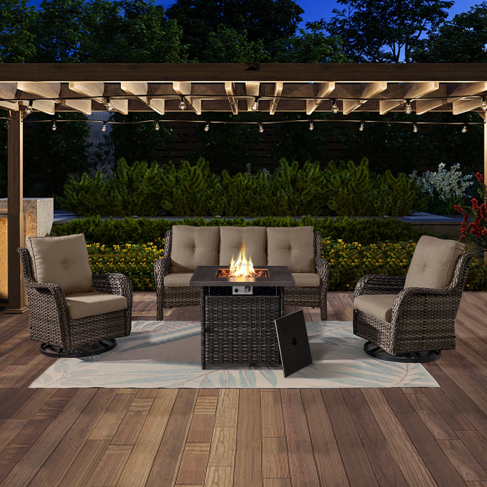 POCASSY 4PCS Patio Furniture Set with Fire Pit Table, Wicker Weather-Resistant Outdoor Conversation Set with Sofa, Swivel Patio Chair and 50000BTU Propane Fire Pit Ideal for Porch Deck