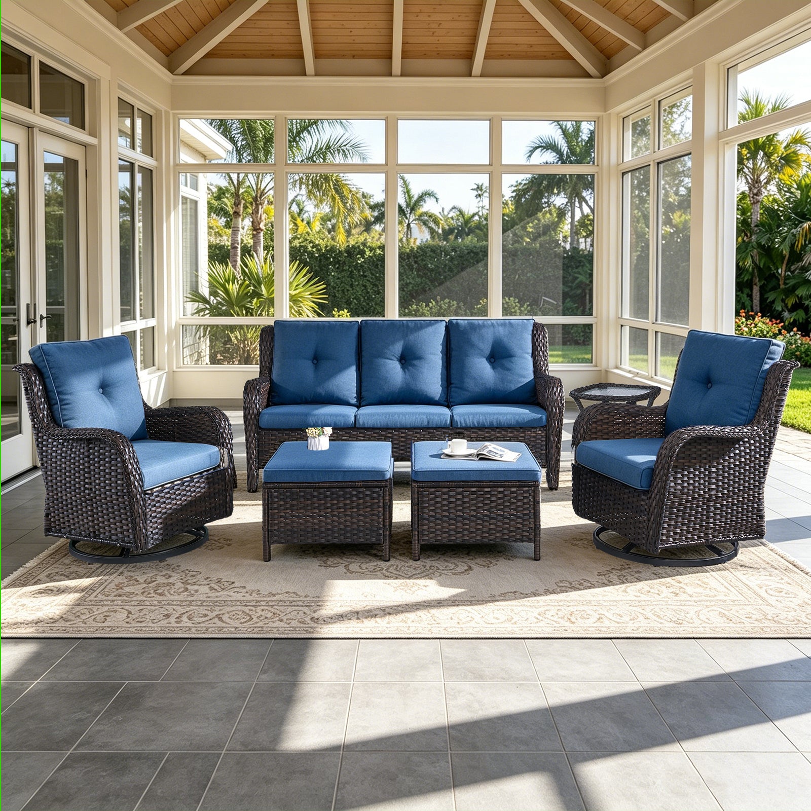 POCASSY 6 Pieces Outdoor Patio Furniture Sets with Swivel Rocker Patio Chairs, PE Wicker Patio Outdoor Conversation Set with Swivel Glider Chairs and 3-Seat Sofa, Ideal for Balcony, Deck, Backyard