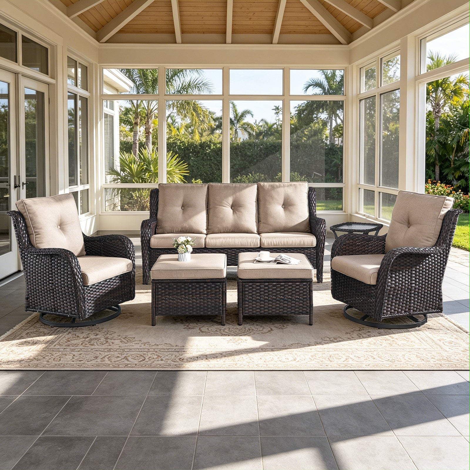 POCASSY 6 Pieces Outdoor Patio Furniture Sets with Swivel Rocker Patio Chairs, PE Wicker Patio Outdoor Conversation Set with Swivel Glider Chairs and 3-Seat Sofa, Ideal for Balcony, Deck, Backyard