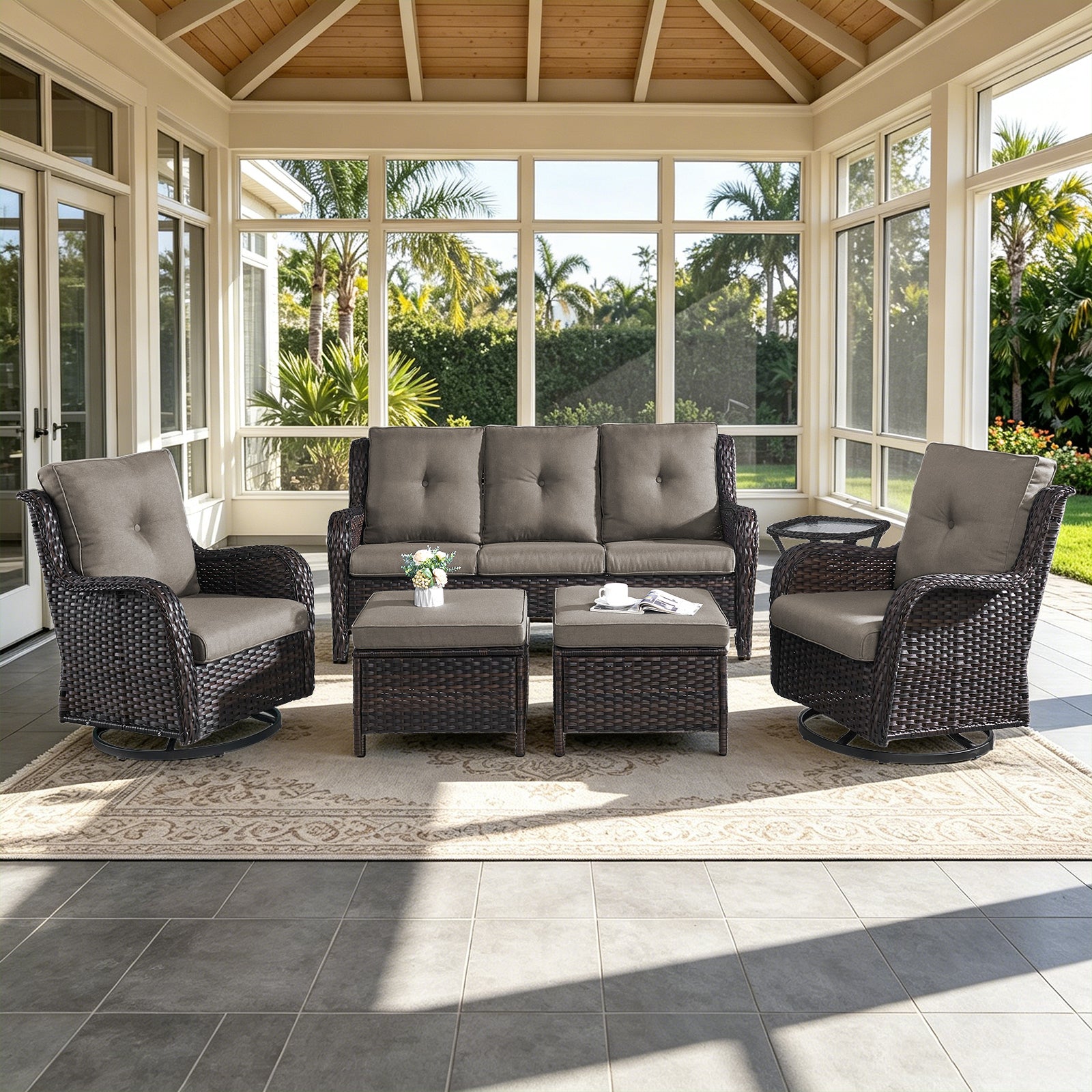 POCASSY 6 Pieces Outdoor Patio Furniture Sets with Swivel Rocker Patio Chairs, PE Wicker Patio Outdoor Conversation Set with Swivel Glider Chairs and 3-Seat Sofa, Ideal for Balcony, Deck, Backyard
