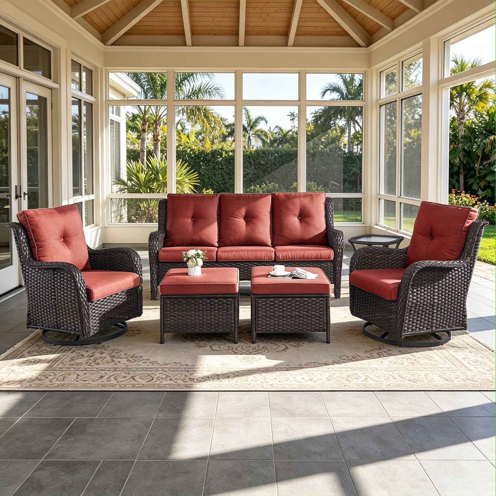 POCASSY 6 Pieces Outdoor Patio Furniture Sets with Swivel Rocker Patio Chairs, PE Wicker Patio Outdoor Conversation Set with Swivel Glider Chairs and 3-Seat Sofa, Ideal for Balcony, Deck, Backyard