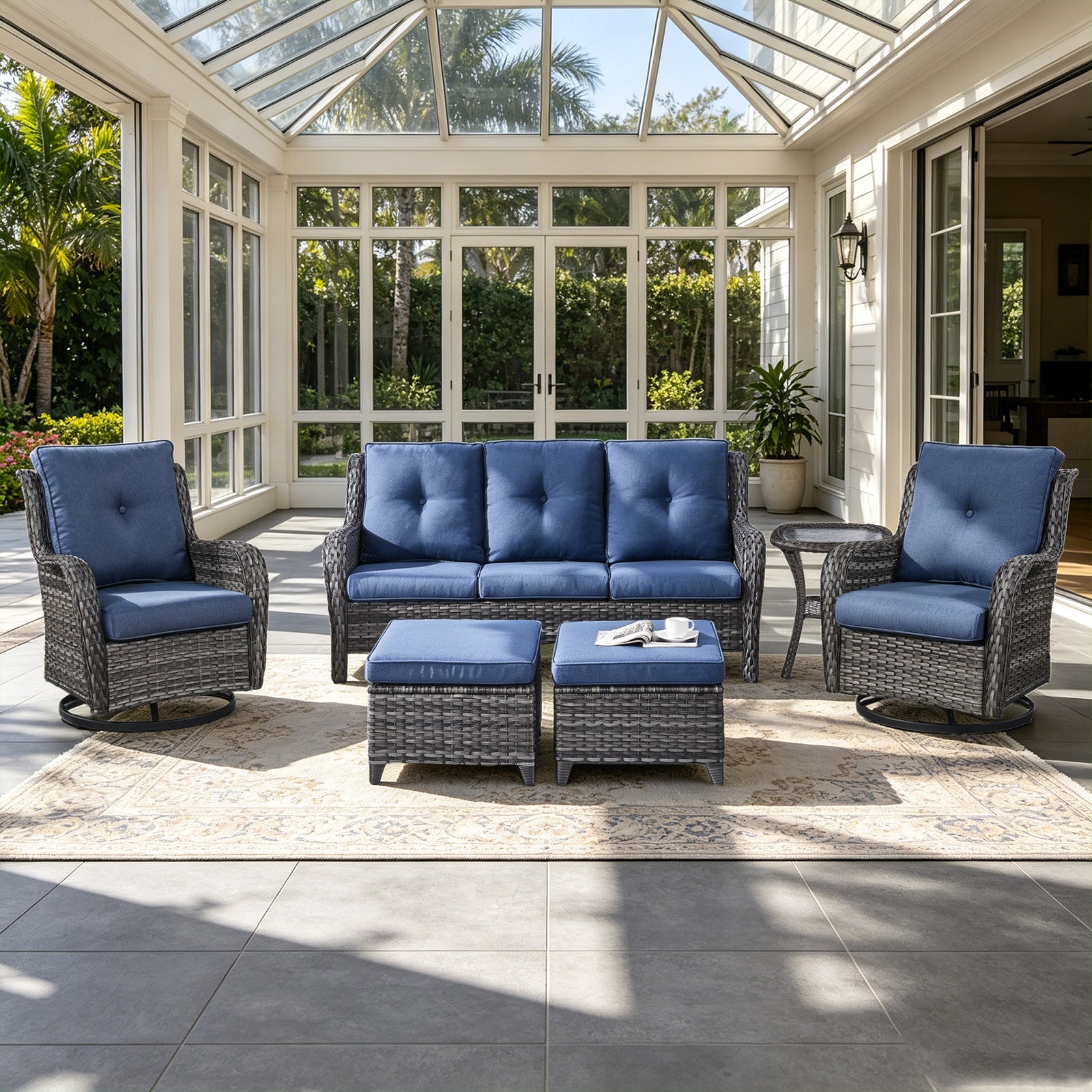 POCASSY 6 Pieces Outdoor Patio Furniture Sets with Swivel Rocker Patio Chairs, PE Wicker Patio Outdoor Conversation Set with Swivel Glider Chairs and 3-Seat Sofa, Ideal for Balcony, Deck, Backyard