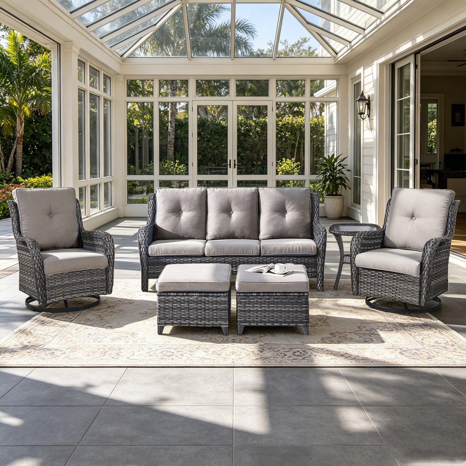 POCASSY 6 Pieces Outdoor Patio Furniture Sets with Swivel Rocker Patio Chairs, PE Wicker Patio Outdoor Conversation Set with Swivel Glider Chairs and 3-Seat Sofa, Ideal for Balcony, Deck, Backyard