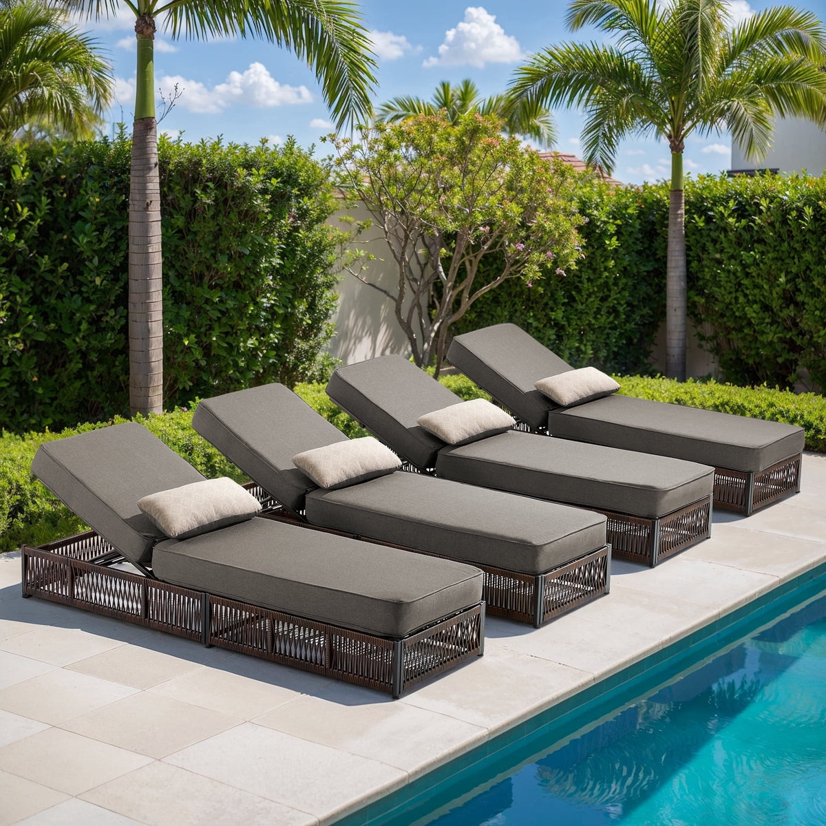 POCASSY Patio Chaise Lounge, Adjustable Backrest, 5-inch Thick Cushion, Brown Wicker, Patio Recliner Lounge Chair, Rattan Reclining Chair for Pool Pool Side