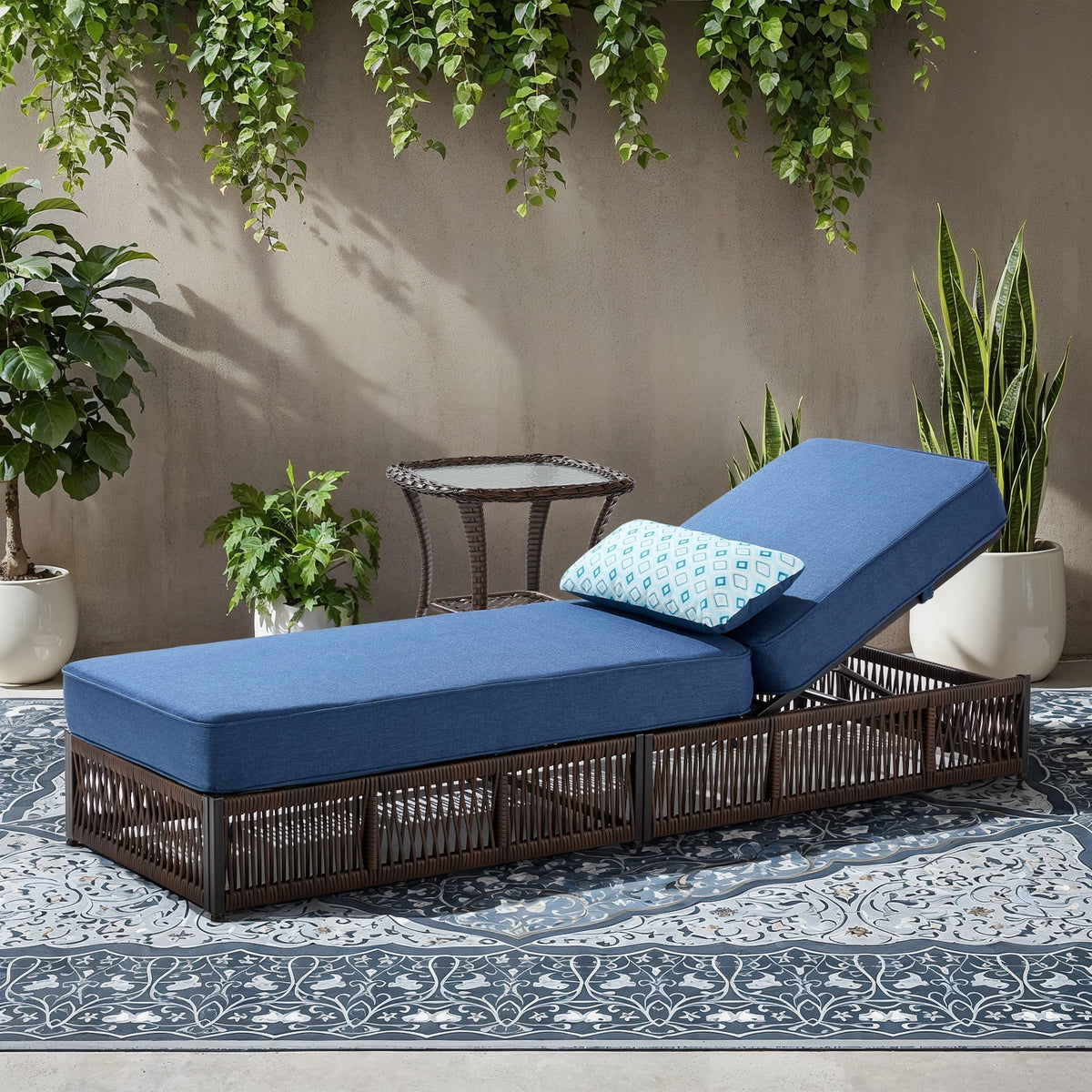 POCASSY Patio Chaise Lounge, Adjustable Backrest, 5-inch Thick Cushion, Brown Wicker, Patio Recliner Lounge Chair, Rattan Reclining Chair for Pool Pool Side