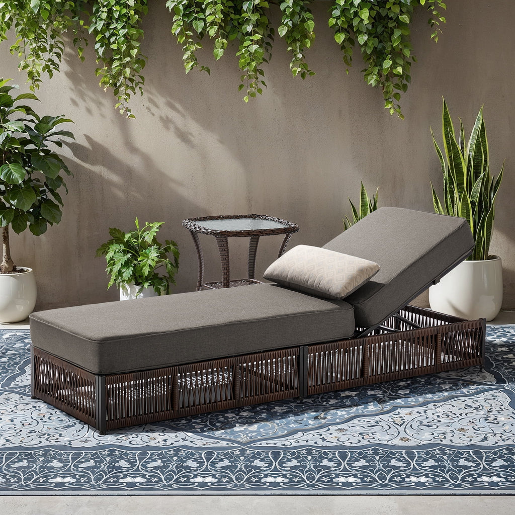 POCASSY Patio Chaise Lounge, Adjustable Backrest, 5-inch Thick Cushion, Brown Wicker, Patio Recliner Lounge Chair, Rattan Reclining Chair for Pool Pool Side