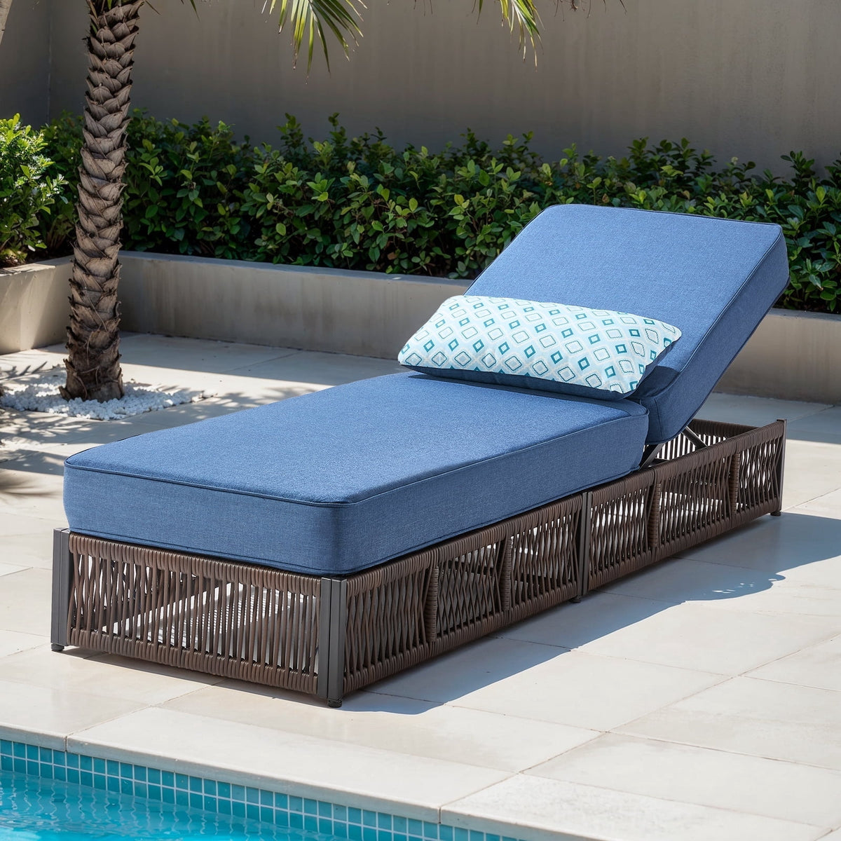 POCASSY Patio Chaise Lounge, Adjustable Backrest, 5-inch Thick Cushion, Brown Wicker, Patio Recliner Lounge Chair, Rattan Reclining Chair for Pool Pool Side