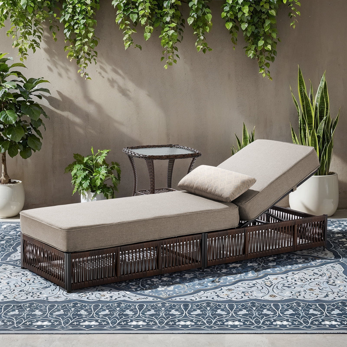 POCASSY Patio Chaise Lounge, Adjustable Backrest, 5-inch Thick Cushion, Brown Wicker, Patio Recliner Lounge Chair, Rattan Reclining Chair for Pool Pool Side