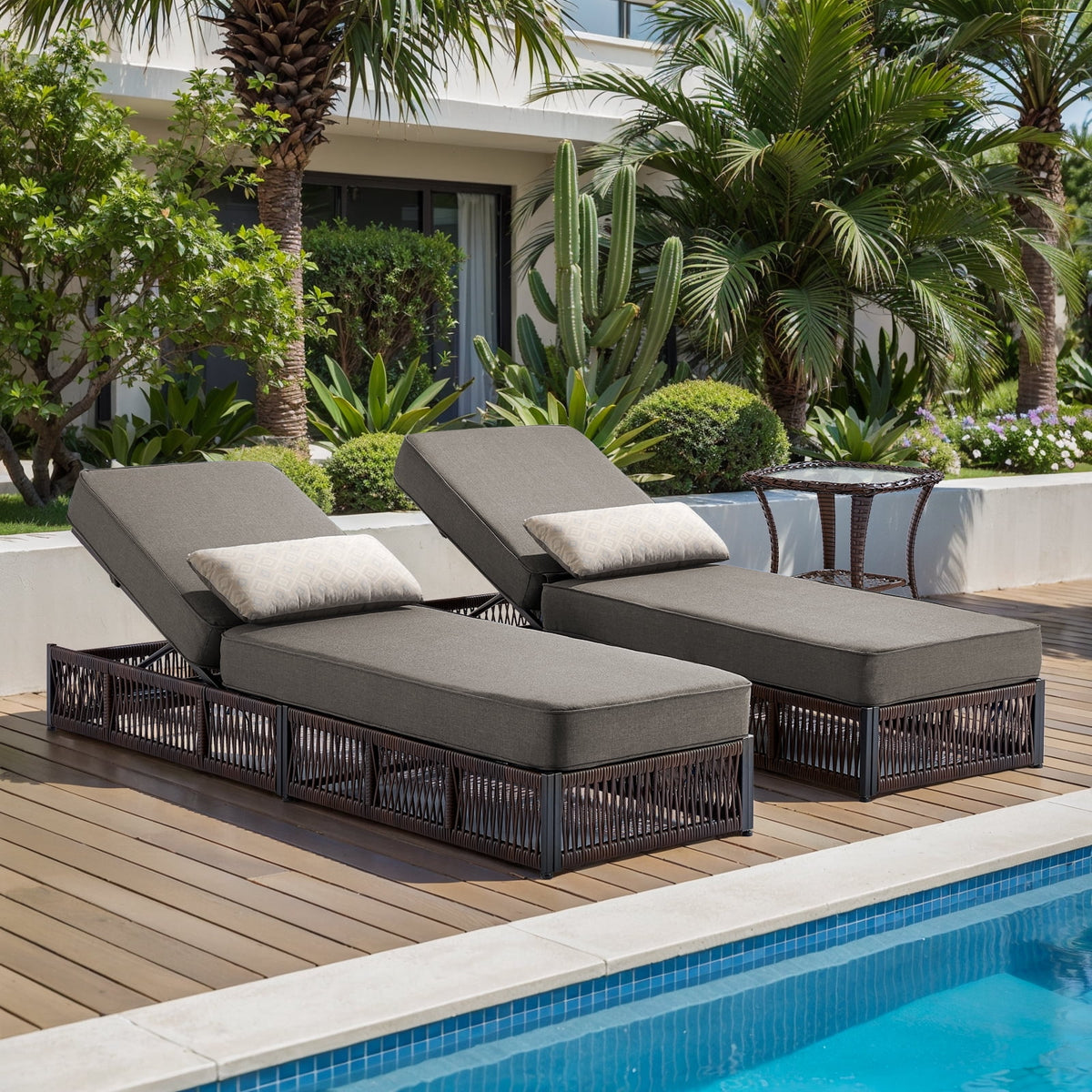 POCASSY Patio Chaise Lounge, Adjustable Backrest, 5-inch Thick Cushion, Brown Wicker, Patio Recliner Lounge Chair, Rattan Reclining Chair for Pool Pool Side