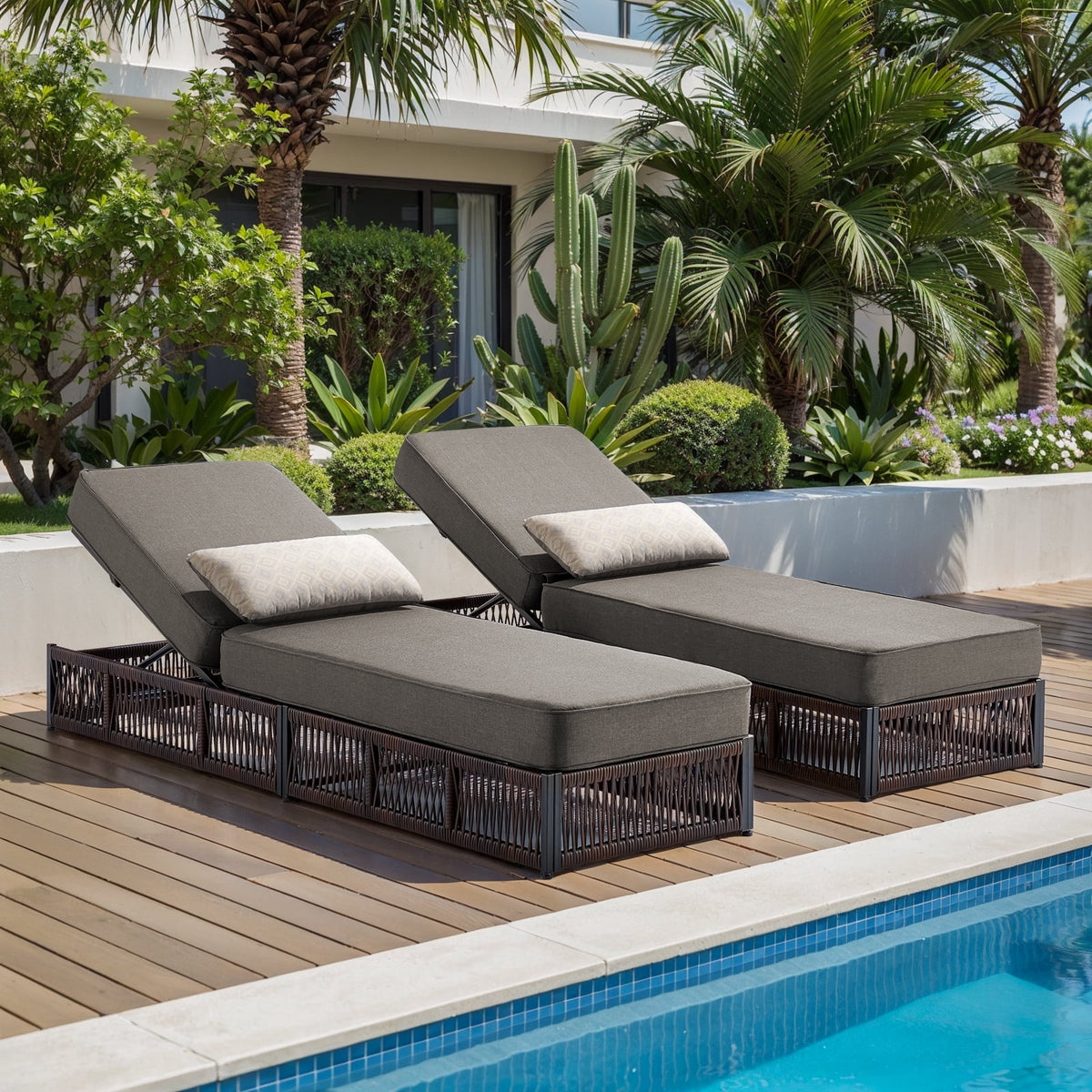 POCASSY Patio Chaise Lounge, Adjustable Backrest, 5-inch Thick Cushion, Brown Wicker, Patio Recliner Lounge Chair, Rattan Reclining Chair for Pool Pool Side