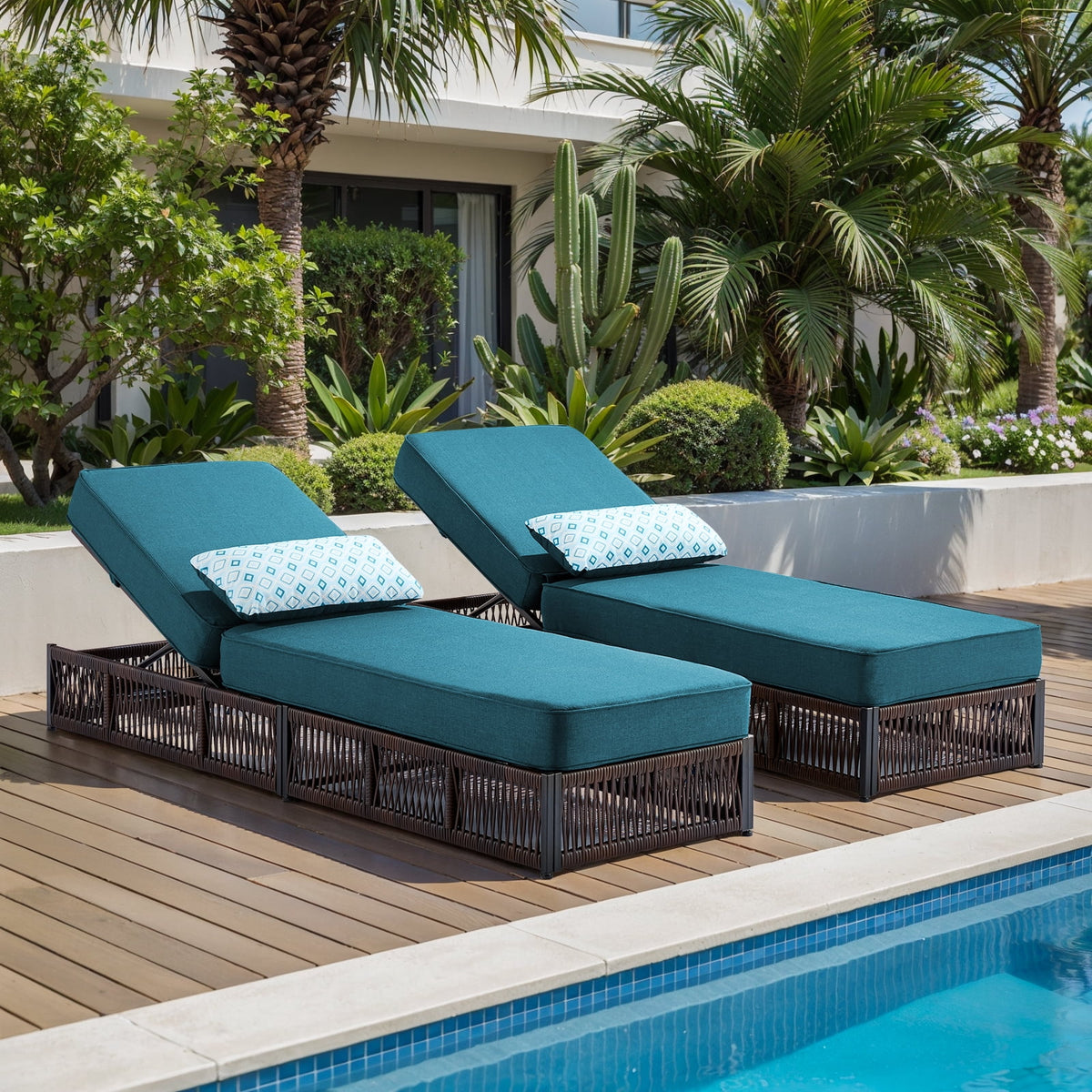 POCASSY Patio Chaise Lounge, Adjustable Backrest, 5-inch Thick Cushion, Brown Wicker, Patio Recliner Lounge Chair, Rattan Reclining Chair for Pool Pool Side