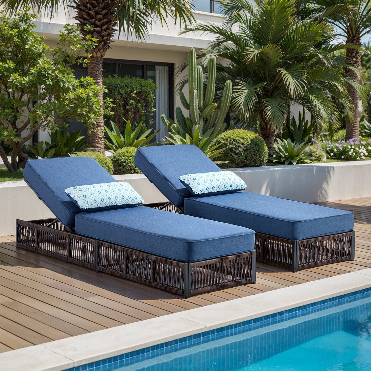 POCASSY Patio Chaise Lounge, Adjustable Backrest, 5-inch Thick Cushion, Brown Wicker, Patio Recliner Lounge Chair, Rattan Reclining Chair for Pool Pool Side