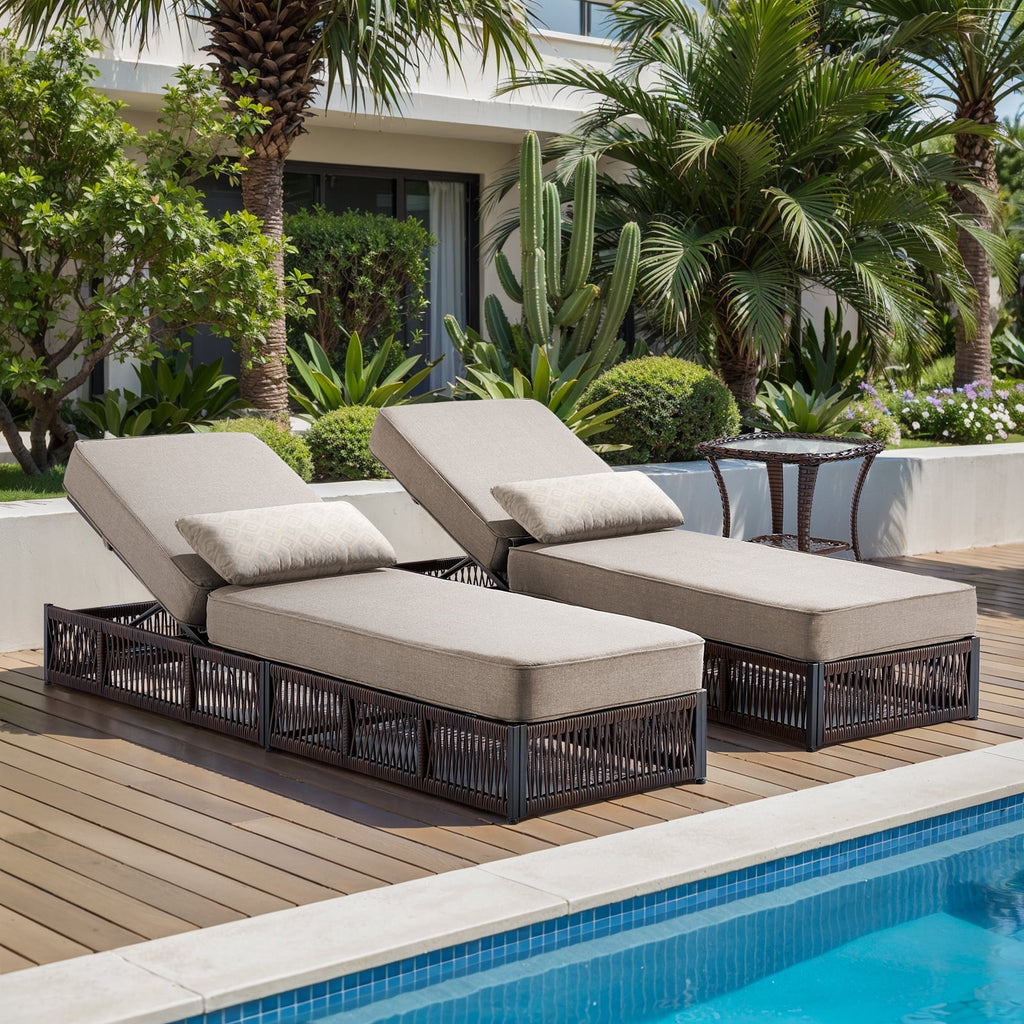 POCASSY Patio Chaise Lounge, Adjustable Backrest, 5-inch Thick Cushion, Brown Wicker, Patio Recliner Lounge Chair, Rattan Reclining Chair for Pool Pool Side
