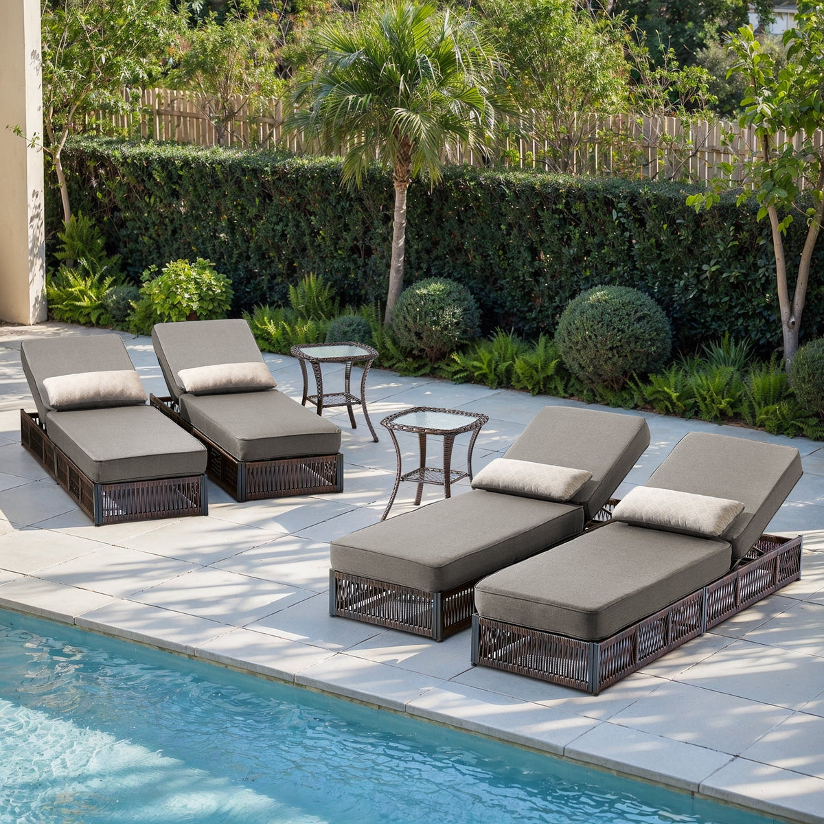 POCASSY Patio Chaise Lounge, Adjustable Backrest, 5-inch Thick Cushion, Brown Wicker, Patio Recliner Lounge Chair, Rattan Reclining Chair for Pool Pool Side